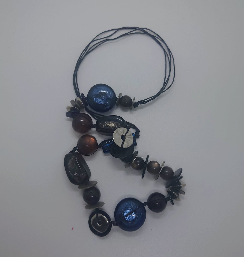 Vintage Chunky Round Beaded Necklace Blue, Silver Lucite, Wooden Modern Style Costume Jewellery Jewelry