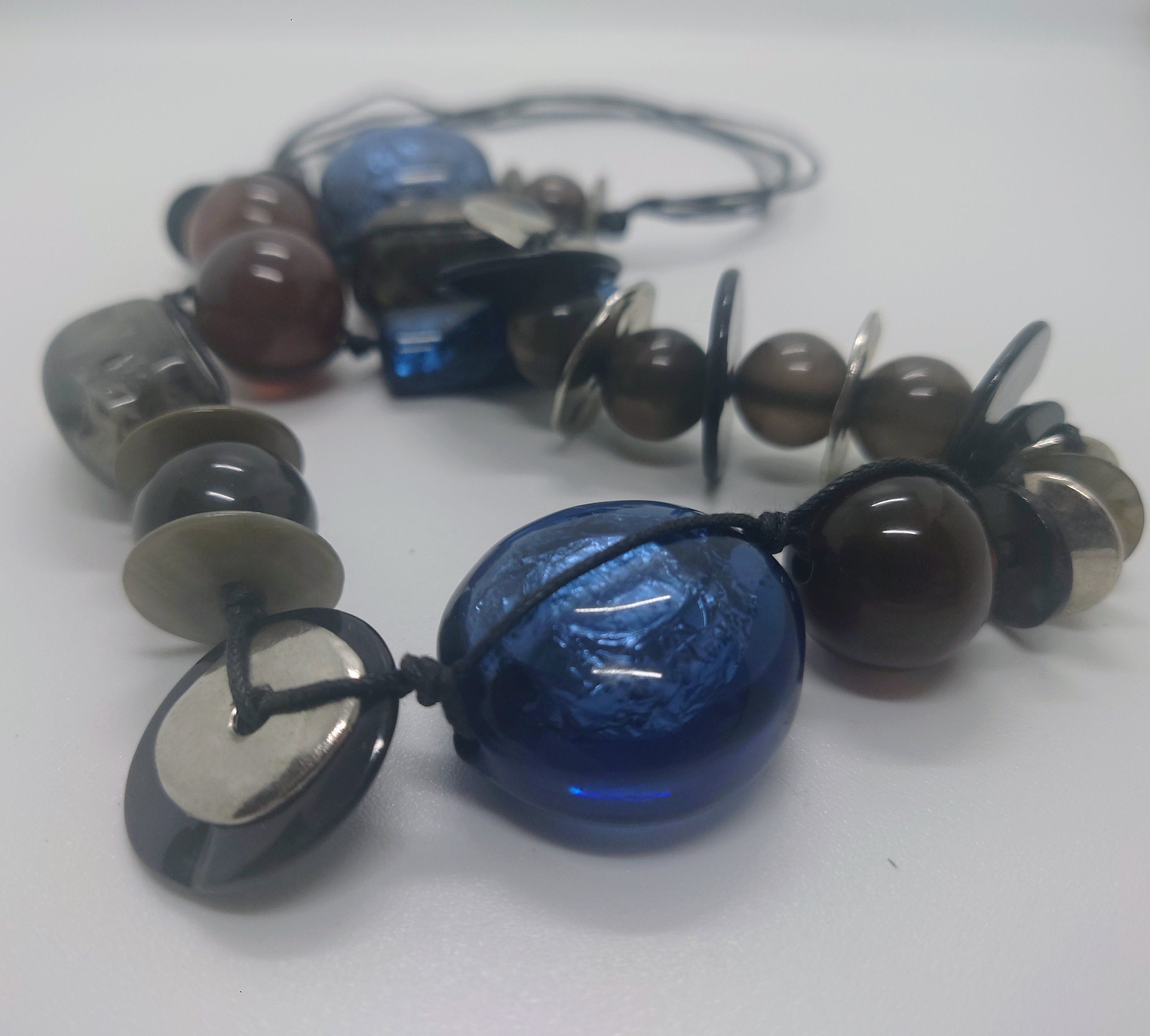 Vintage Chunky Round Beaded Necklace Blue, Silver Lucite, Wooden Modern Style Costume Jewellery Jewelry