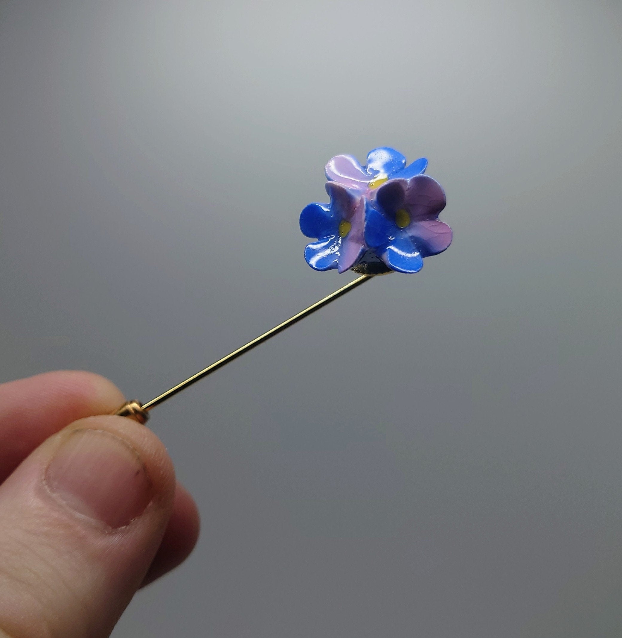 Vintage Hat Pin Floral Pansies Fine Bone China Blue Flower Pin Aynsley Brooch Costume Jewellery Jewelry Boxed bobby pin