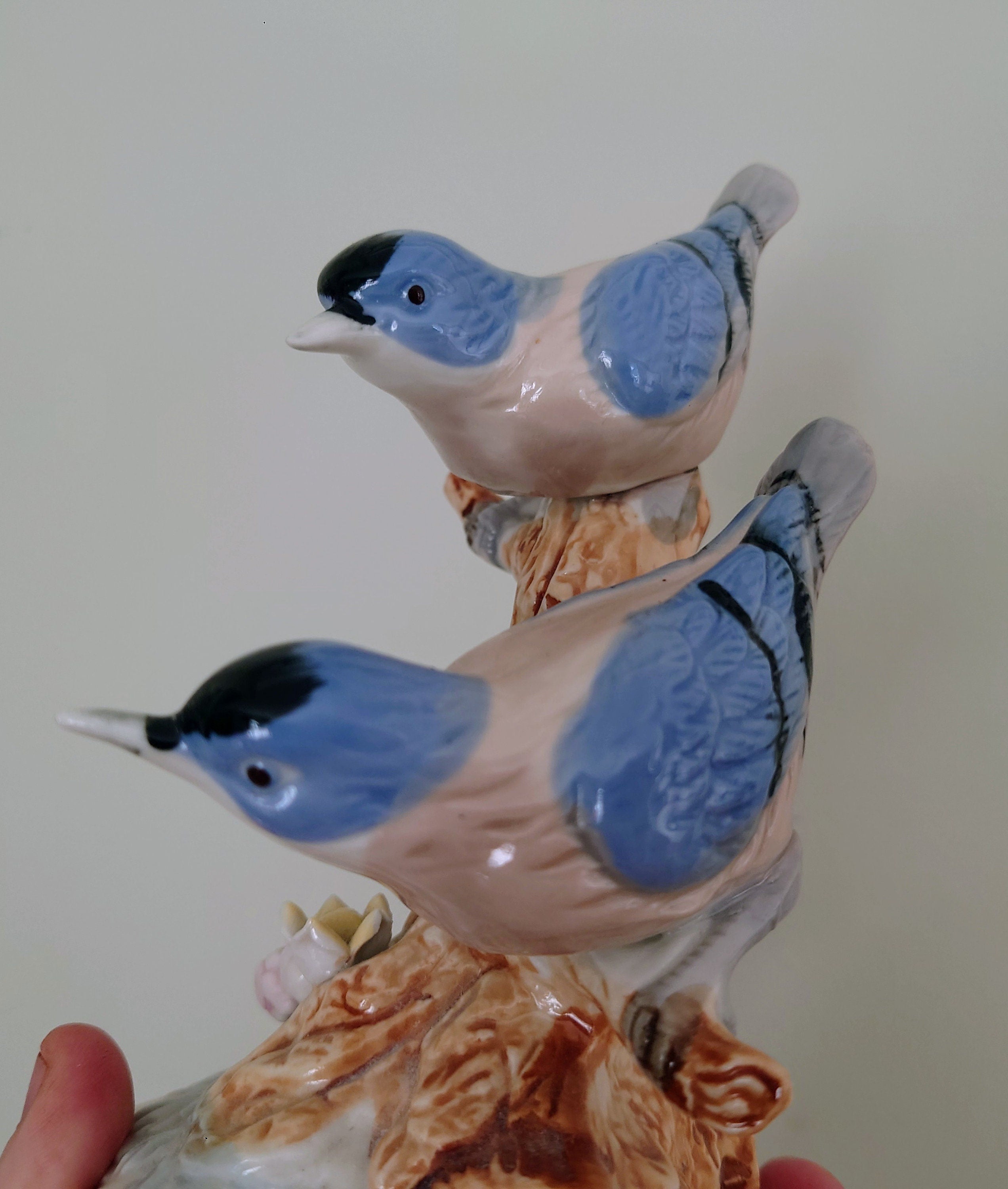 Vintage Blue and White Bird Figurine On Branch Collectable Bird Ornament Lladro Style Floral Figurine