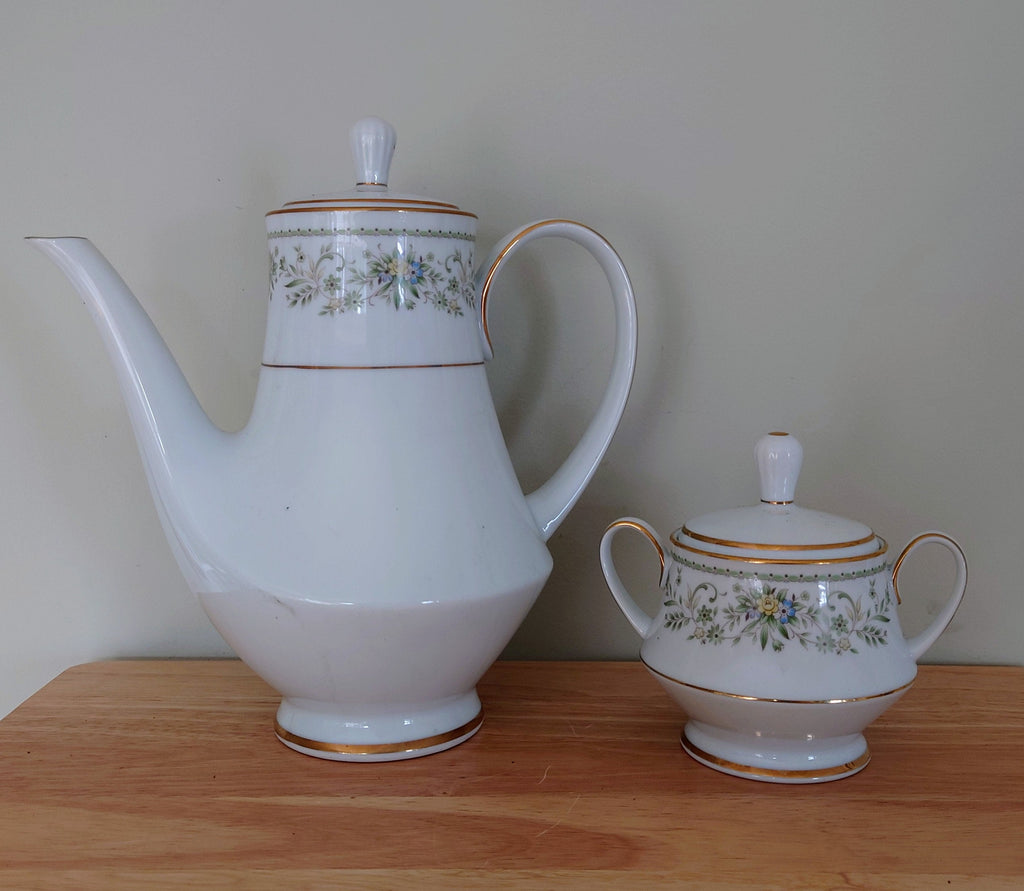 Vintage Teapot/ Coffee Pot and Sugar Bowl White Porcelain Afternoon Tea Party Noritake Green Hill china white teapot Collectable Glazed