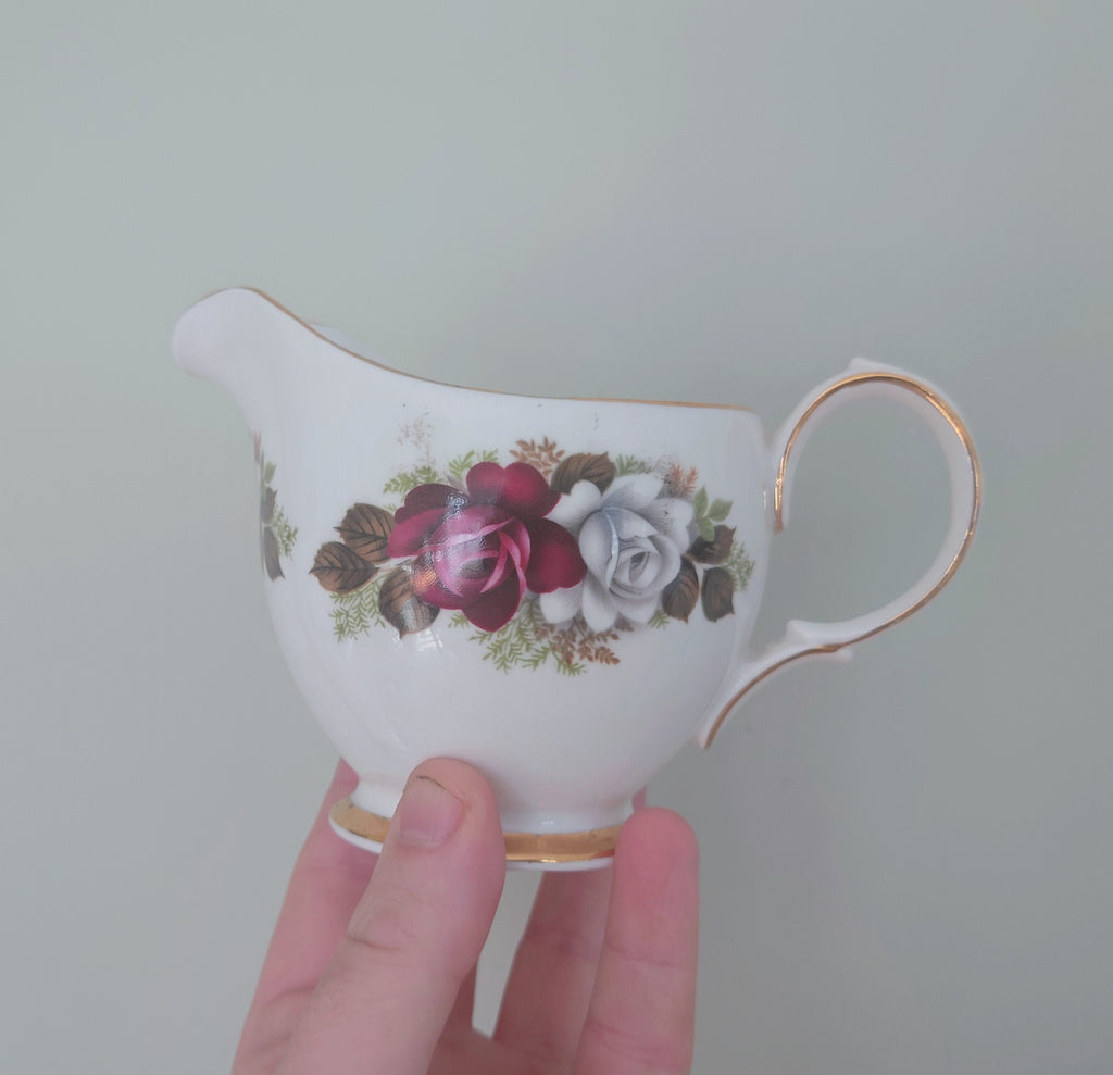 Vintage Milk Jug and Sugar Bowl Creamer Set of 3 Fine Bone China Made in England Blue and White Porcelain Afternoon Tea Gold Gilt Red Floral