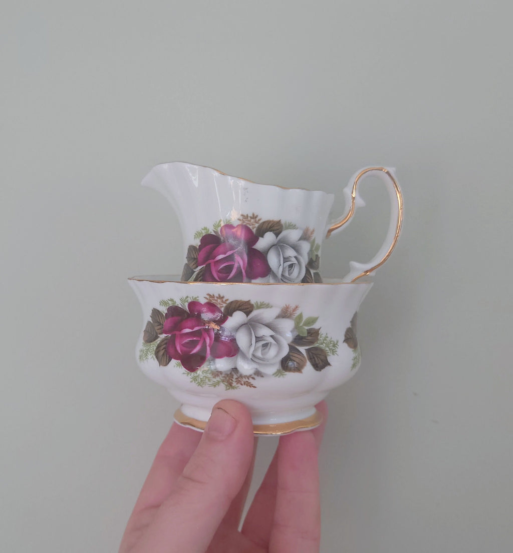 Vintage Milk Jug and Sugar Bowl Creamer Set of 3 Fine Bone China Made in England Blue and White Porcelain Afternoon Tea Gold Gilt Red Floral
