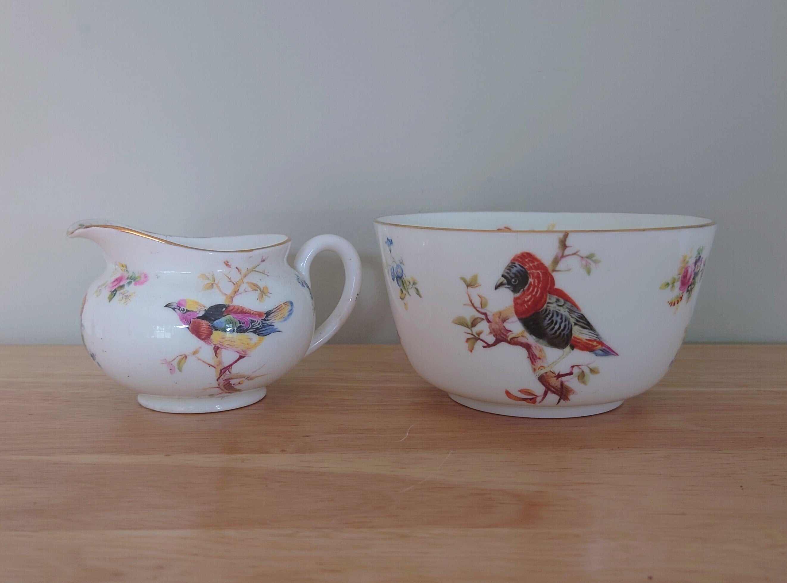 Vintage Milk Jug and Sugar Bowl Royal Doulton Fine Bone China Made in England Blue and White Porcelain Afternoon Tea Gold Gilt Floral Bird