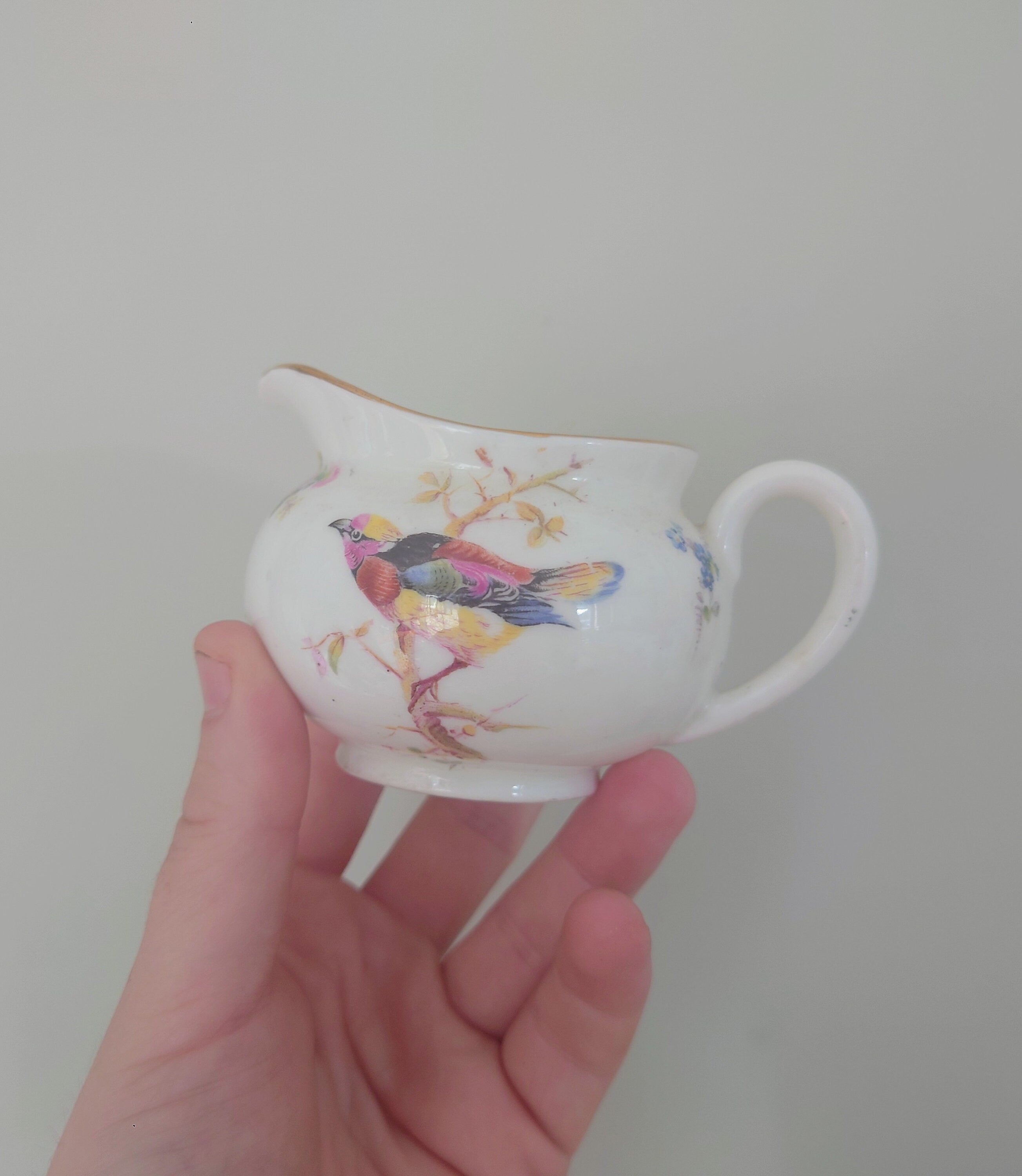 Vintage Milk Jug and Sugar Bowl Royal Doulton Fine Bone China Made in England Blue and White Porcelain Afternoon Tea Gold Gilt Floral Bird