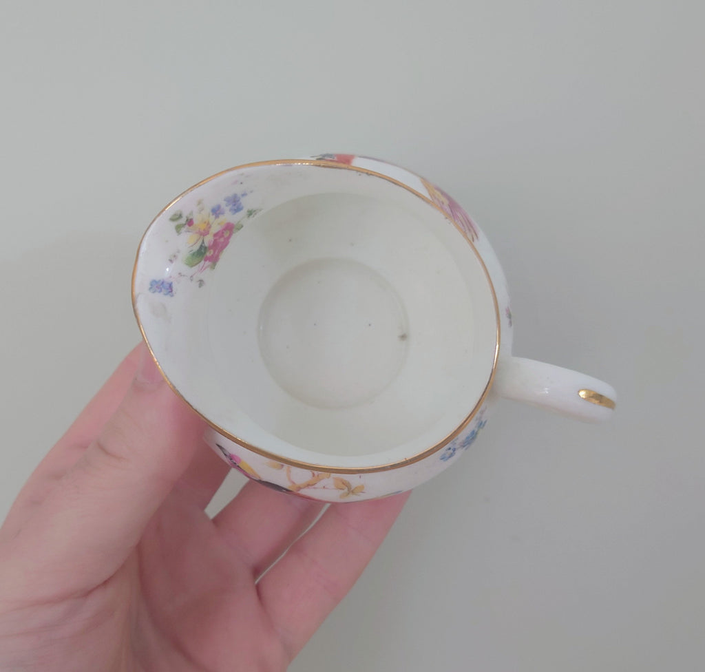 Vintage Milk Jug and Sugar Bowl Royal Doulton Fine Bone China Made in England Blue and White Porcelain Afternoon Tea Gold Gilt Floral Bird