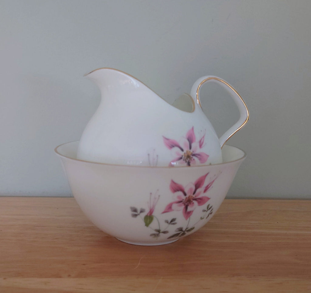 Vintage Milk Jug and Sugar Bowl foley bone china Columbine Fine Bone China Made in England Blue and White Porcelain Afternoon Tea Gold Gilt