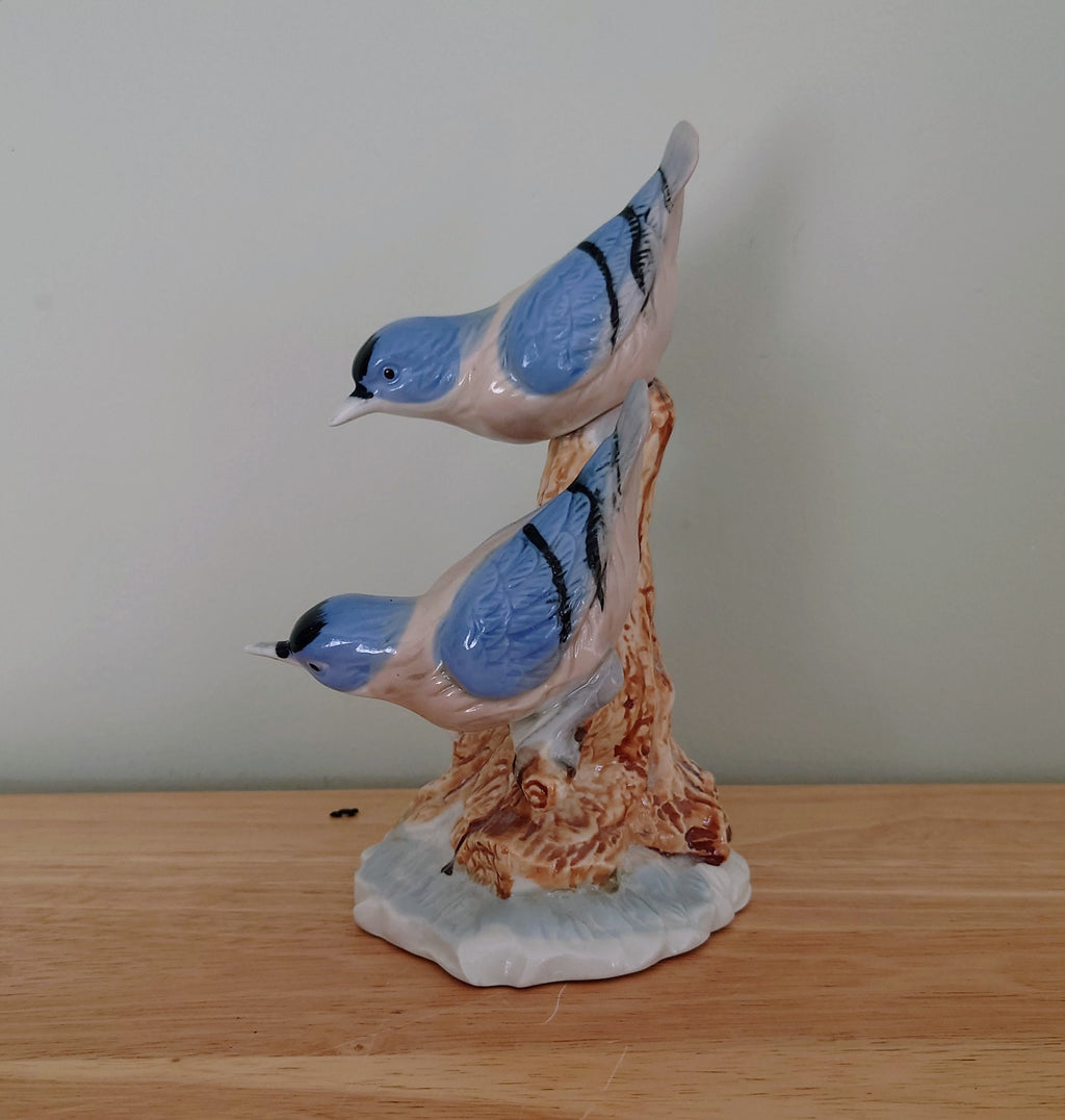 Vintage Blue and White Bird Figurine On Branch Collectable Bird Ornament Lladro Style Floral Figurine