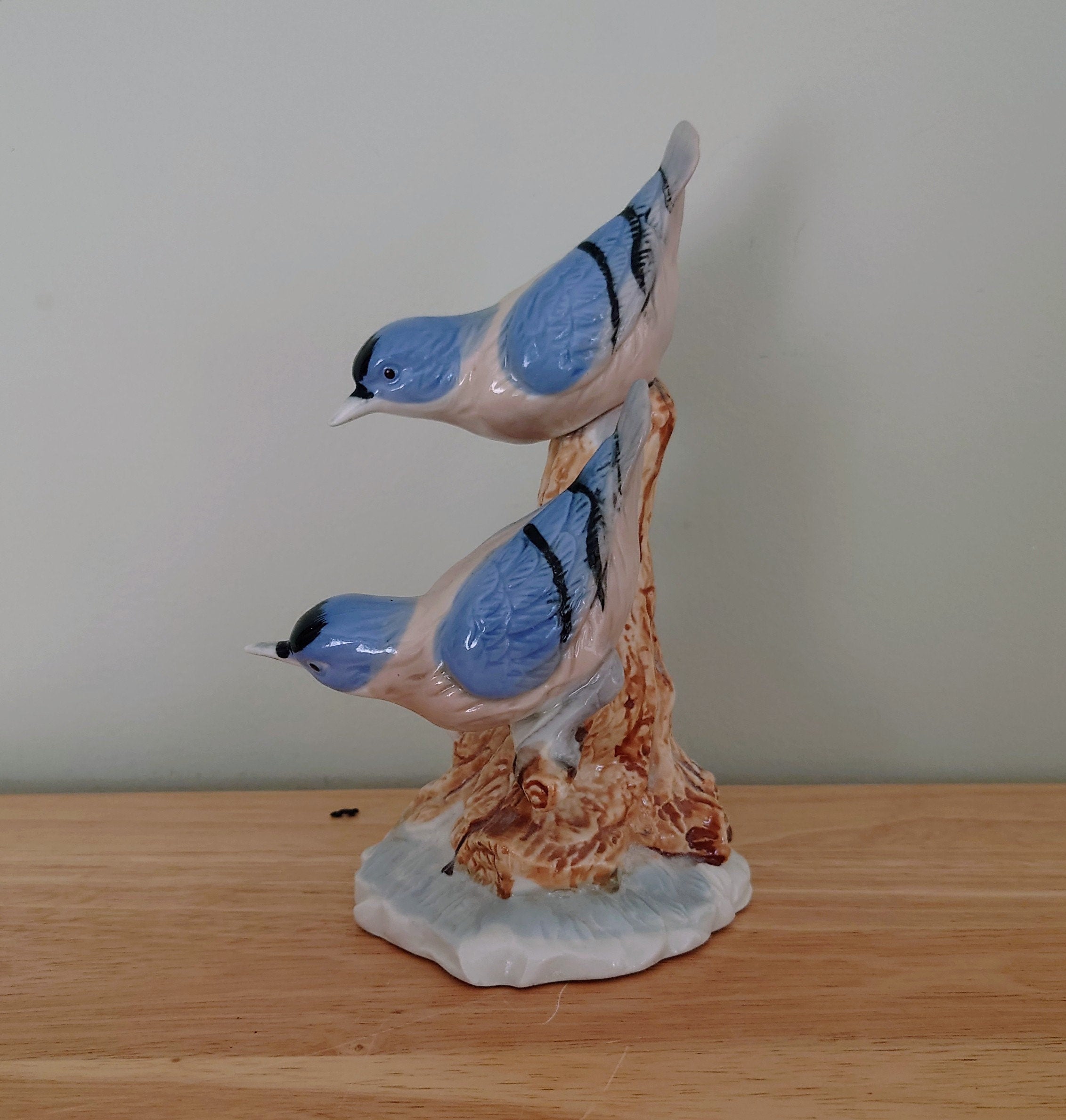 Vintage Blue and White Bird Figurine On Branch Collectable Bird Ornament Lladro Style Floral Figurine