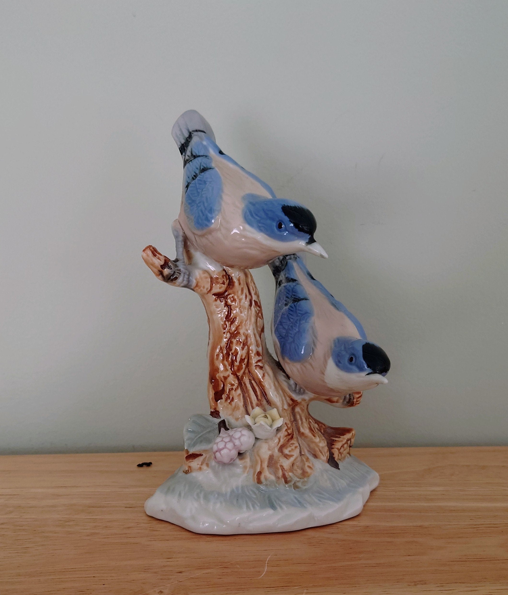 Vintage Blue and White Bird Figurine On Branch Collectable Bird Ornament Lladro Style Floral Figurine