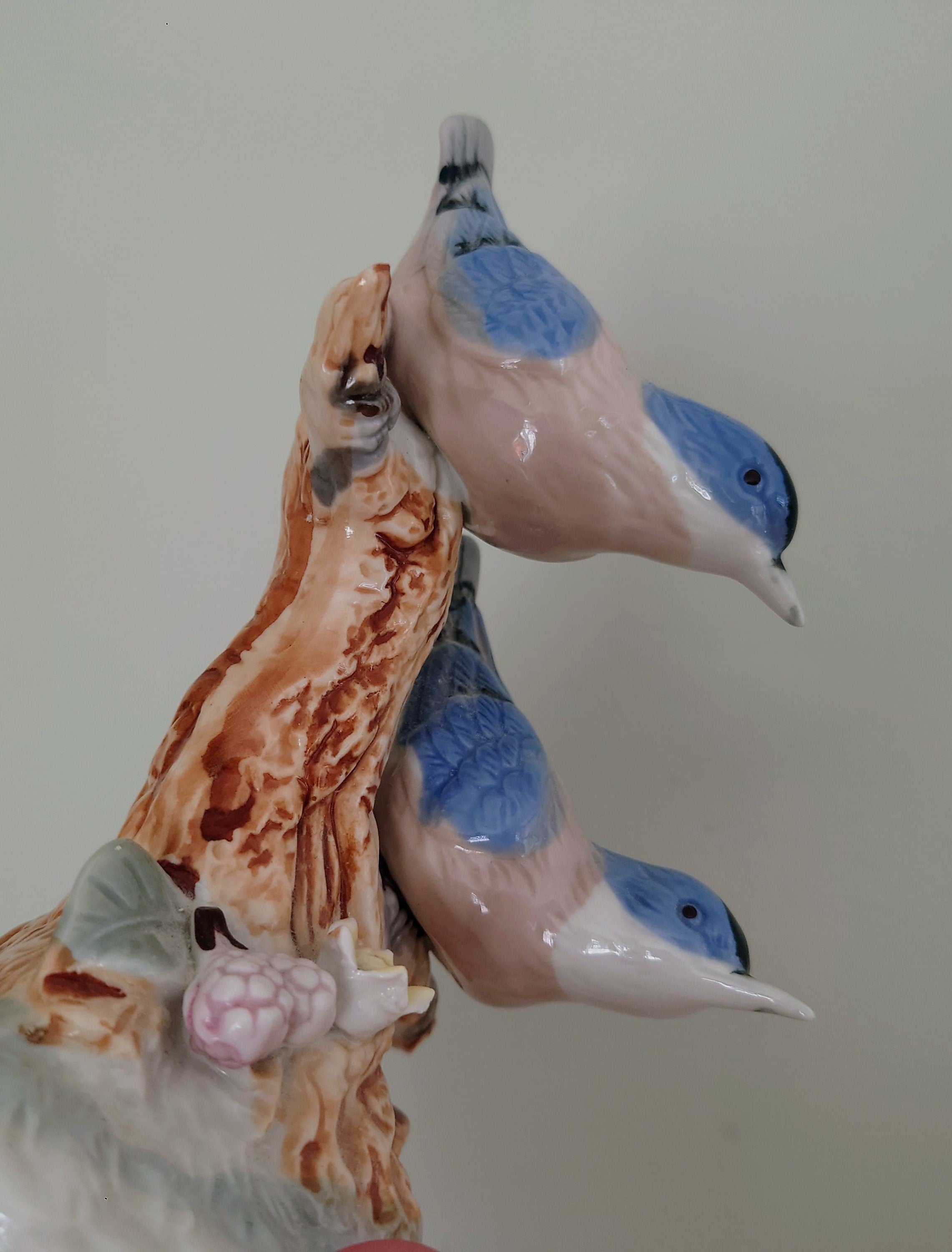 Vintage Blue and White Bird Figurine On Branch Collectable Bird Ornament Lladro Style Floral Figurine