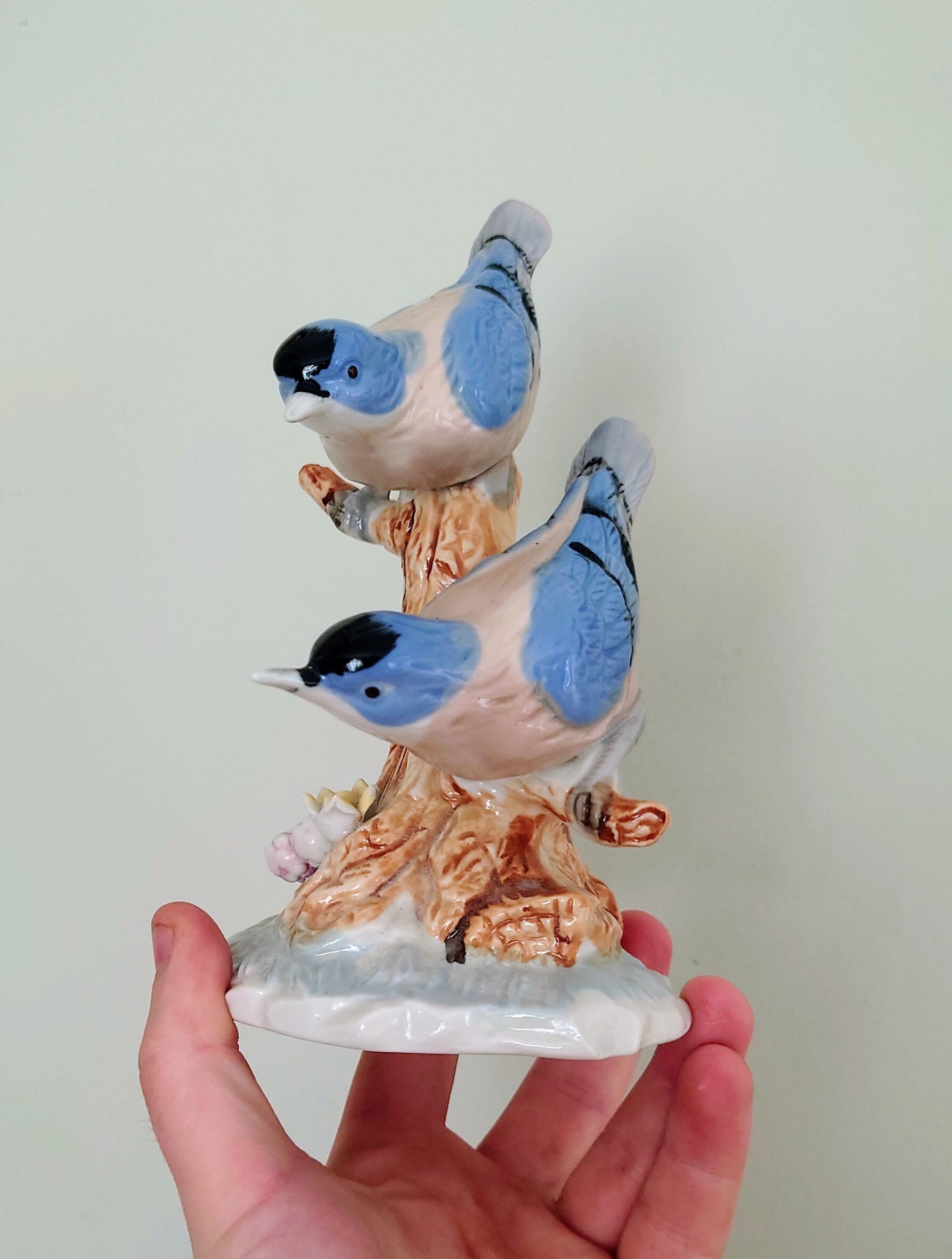 Vintage Blue and White Bird Figurine On Branch Collectable Bird Ornament Lladro Style Floral Figurine