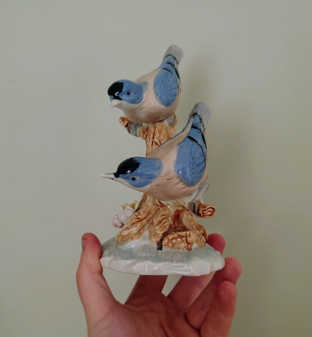 Vintage Blue and White Bird Figurine On Branch Collectable Bird Ornament Lladro Style Floral Figurine