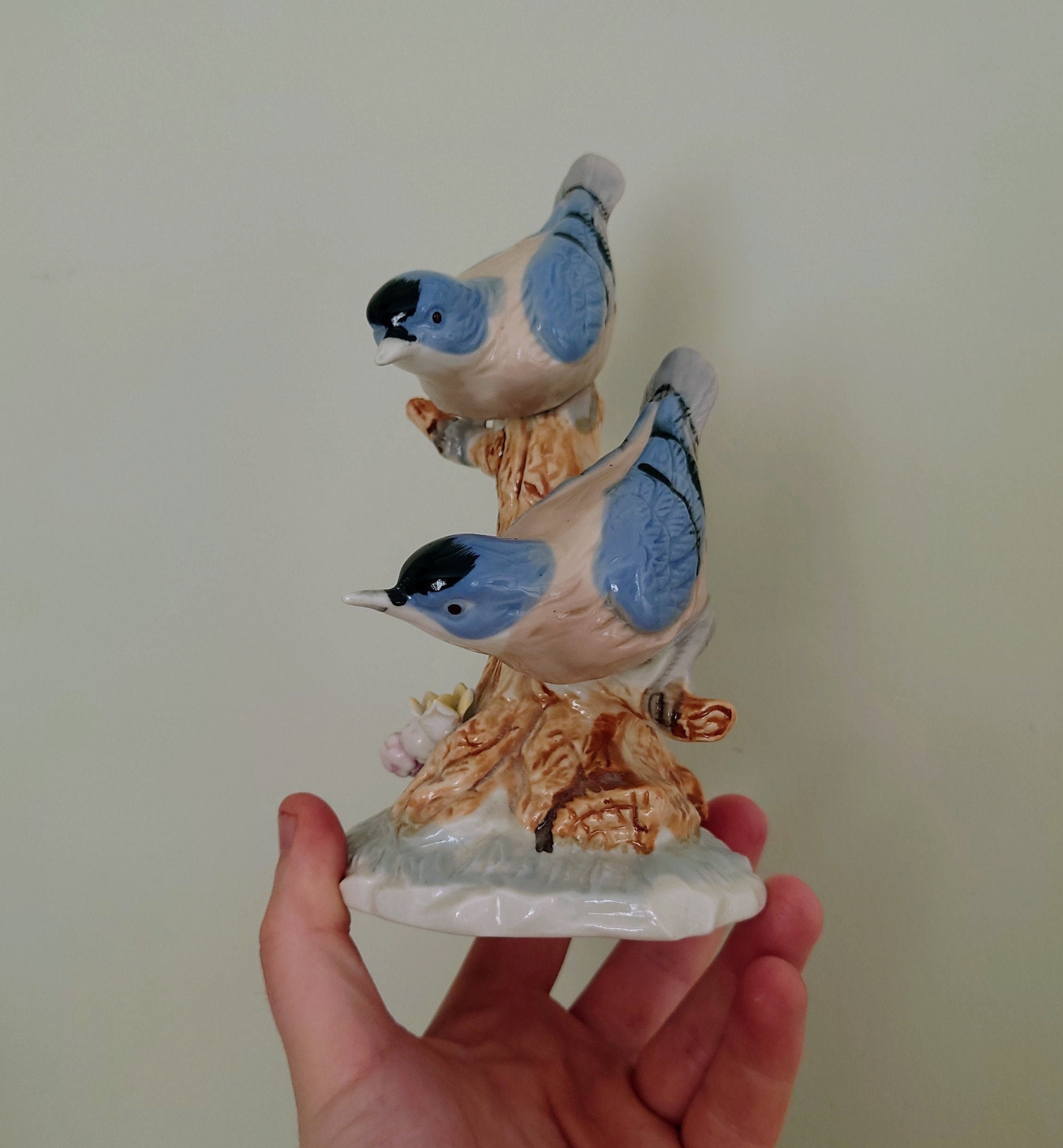 Vintage Blue and White Bird Figurine On Branch Collectable Bird Ornament Lladro Style Floral Figurine