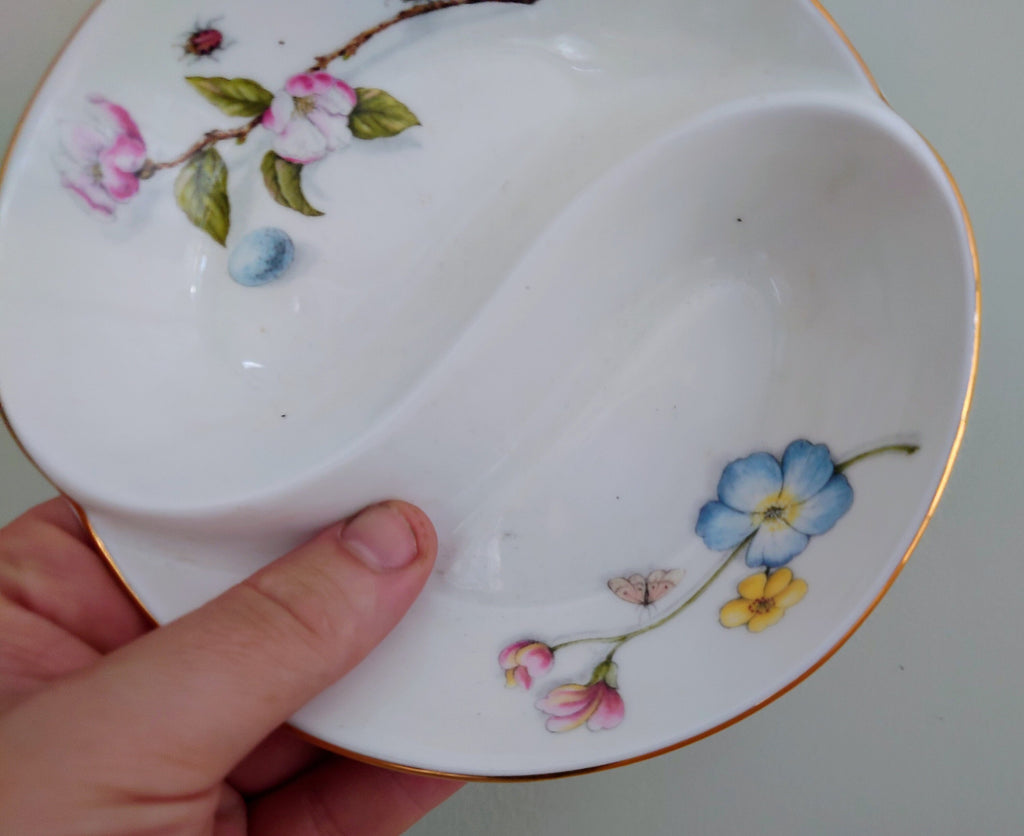 Aynsley  Snack Dish 2-Part Relish Pickle Dish Natures Delight's Fine Bone China Porcelain Made in England Pattern Collectable Gift Vintage