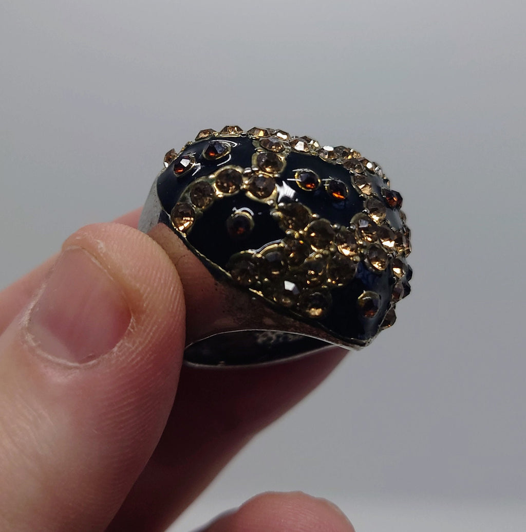 Vintage Heart Dress Ring Costume Jewellery Black Rhinestone Amber Chunky Statement Ring Silver Heart Ring UK size M/ US Size 6