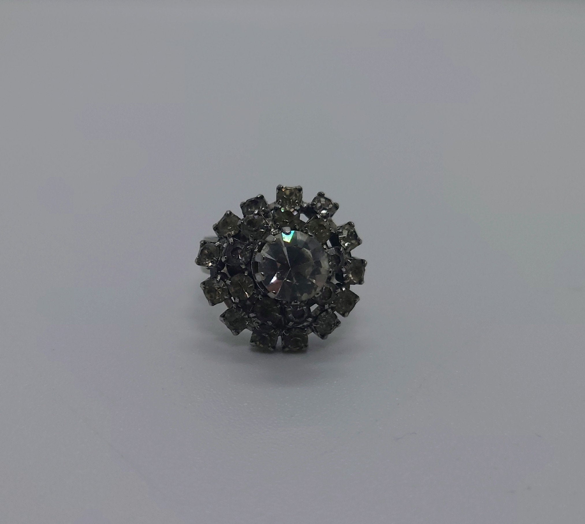Vintage Diamond Rhinestone  Dress Ring Costume Jewellery Cluster Stone Chunky Statement Ring Silver Crystal Ring UK Size N US 6.5
