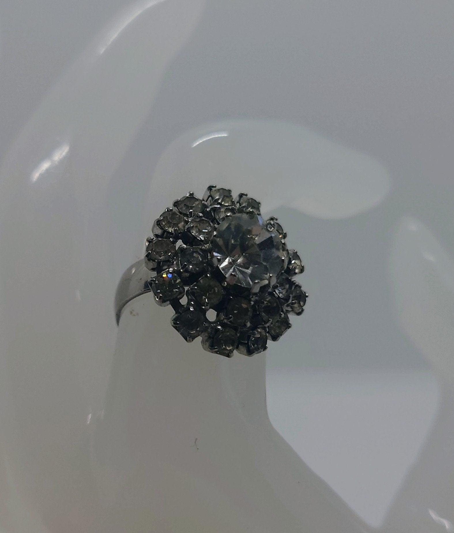 Vintage Diamond Rhinestone  Dress Ring Costume Jewellery Cluster Stone Chunky Statement Ring Silver Crystal Ring UK Size N US 6.5