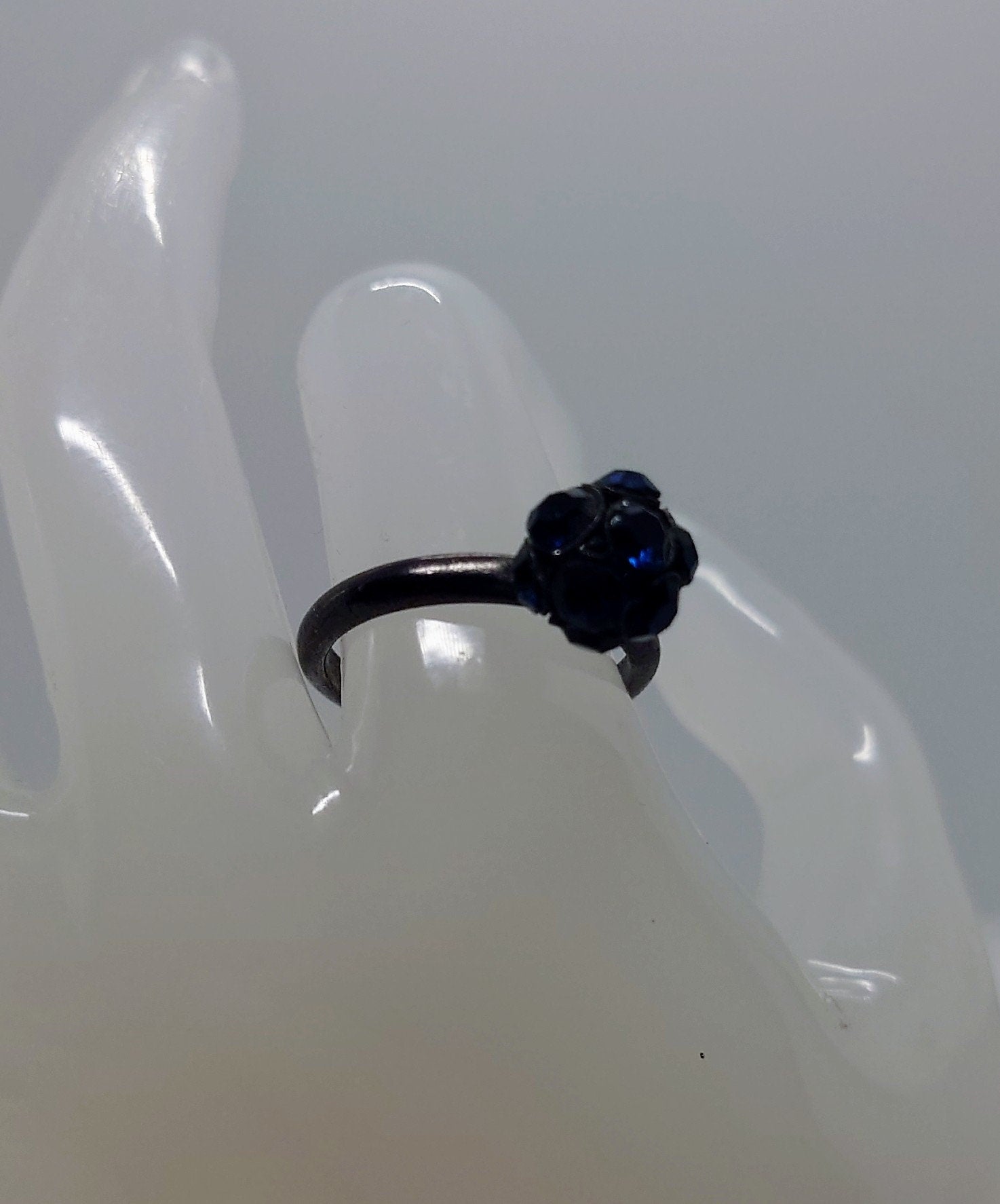Vintage Jet Black/Blue Rhinestone Dress Ring Costume Jewellery aurora borealis A/B Statement Ring Black Crystal Ring UK Size Q US 8