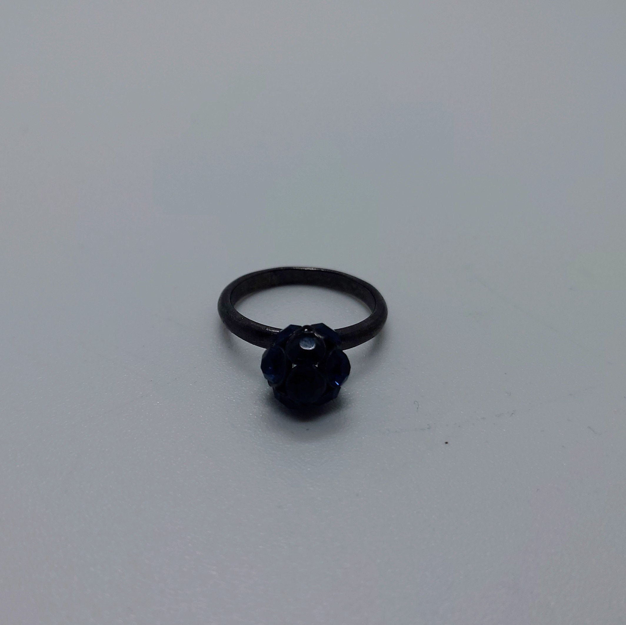 Vintage Jet Black/Blue Rhinestone Dress Ring Costume Jewellery aurora borealis A/B Statement Ring Black Crystal Ring UK Size Q US 8