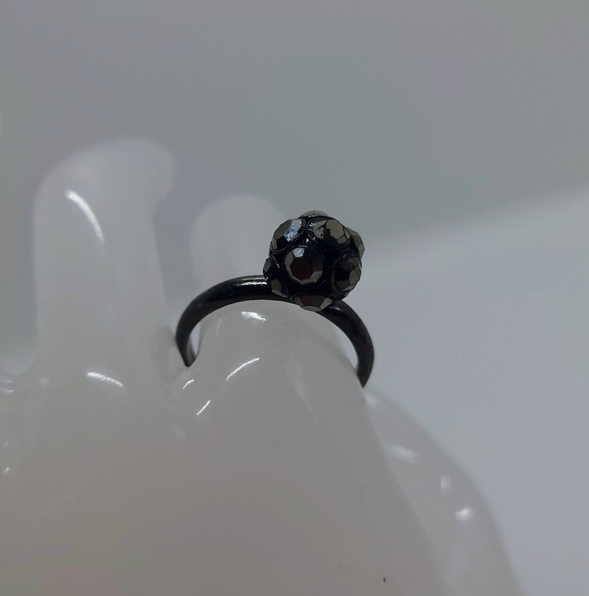 Vintage Jet Black Rhinestone Dress Ring Costume Jewellery aurora borealis A/B Statement Ring Black Crystal Ring UK Size Q US 8