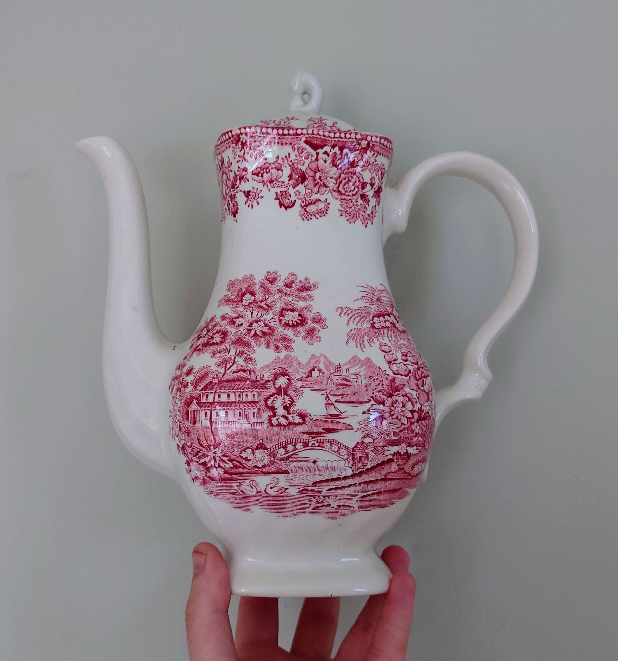 Vintage Coffee Pot Myotts Country life, Red Ceramic Teapot/Coffee Pot Vintage Tea Party Red Print Pottery Made in Staffordshire