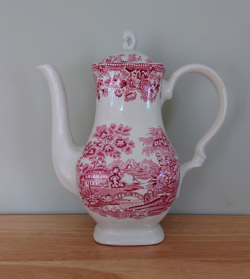 Vintage Coffee Pot Myotts Country life, Red Ceramic Teapot/Coffee Pot Vintage Tea Party Red Print Pottery Made in Staffordshire