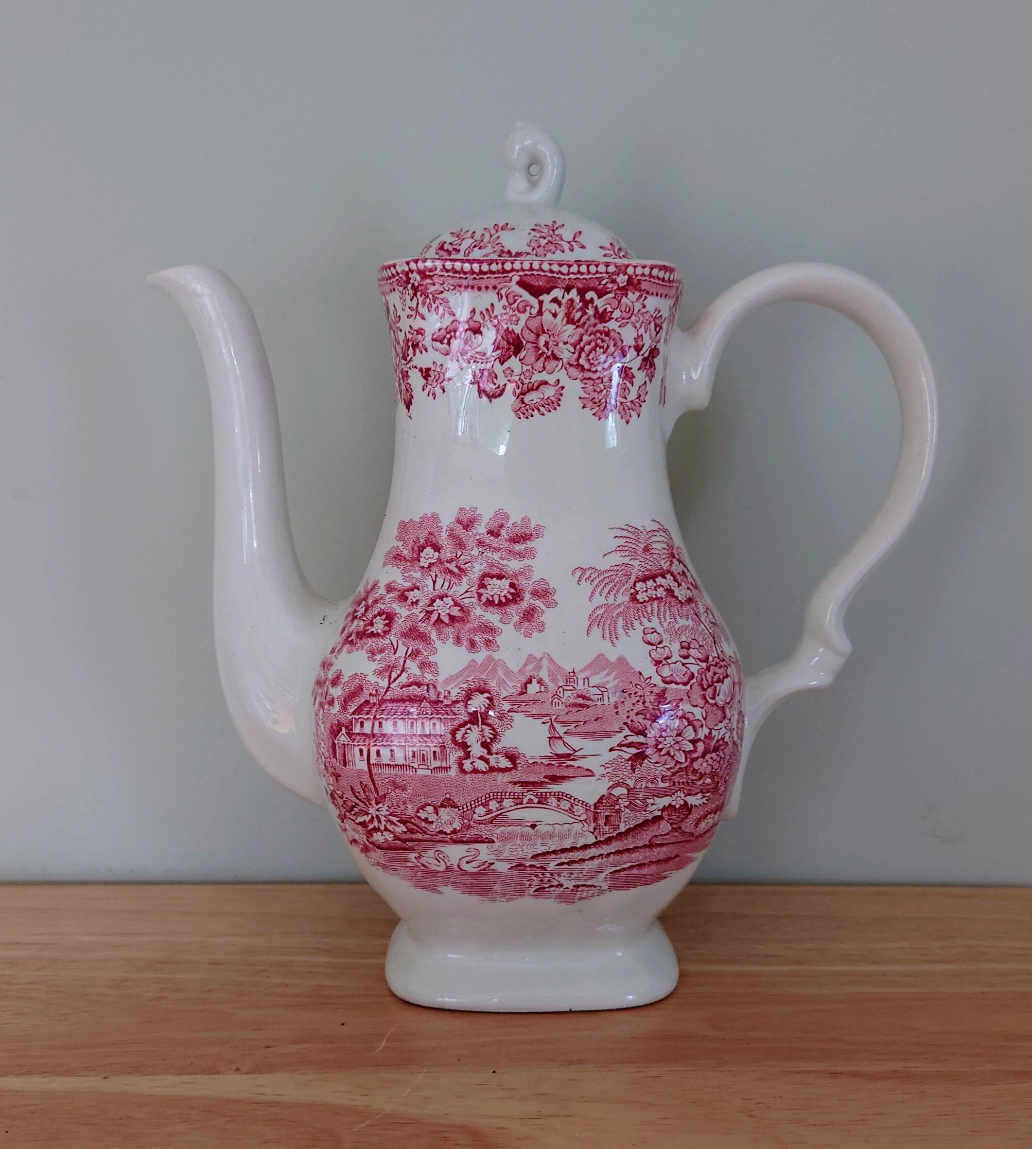 Vintage Coffee Pot Myotts Country life, Red Ceramic Teapot/Coffee Pot Vintage Tea Party Red Print Pottery Made in Staffordshire
