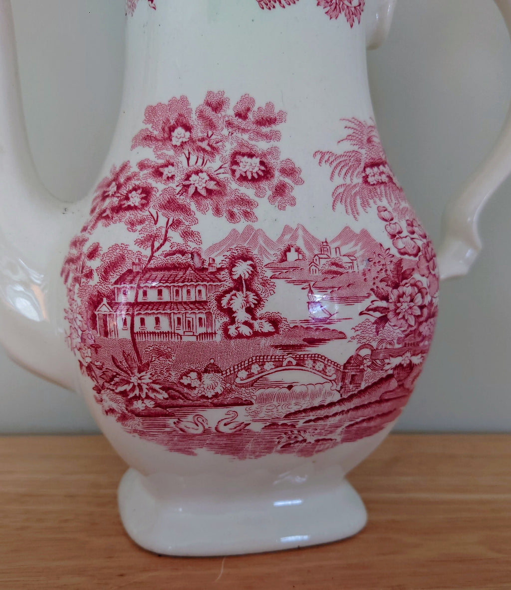 Vintage Coffee Pot Myotts Country life, Red Ceramic Teapot/Coffee Pot Vintage Tea Party Red Print Pottery Made in Staffordshire