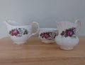 Vintage Milk Jug and Sugar Bowl Creamer Set of 3 Fine Bone China Made in England Blue and White Porcelain Afternoon Tea Gold Gilt Red Floral
