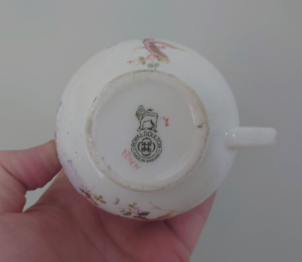 Vintage Milk Jug and Sugar Bowl Royal Doulton Fine Bone China Made in England Blue and White Porcelain Afternoon Tea Gold Gilt Floral Bird