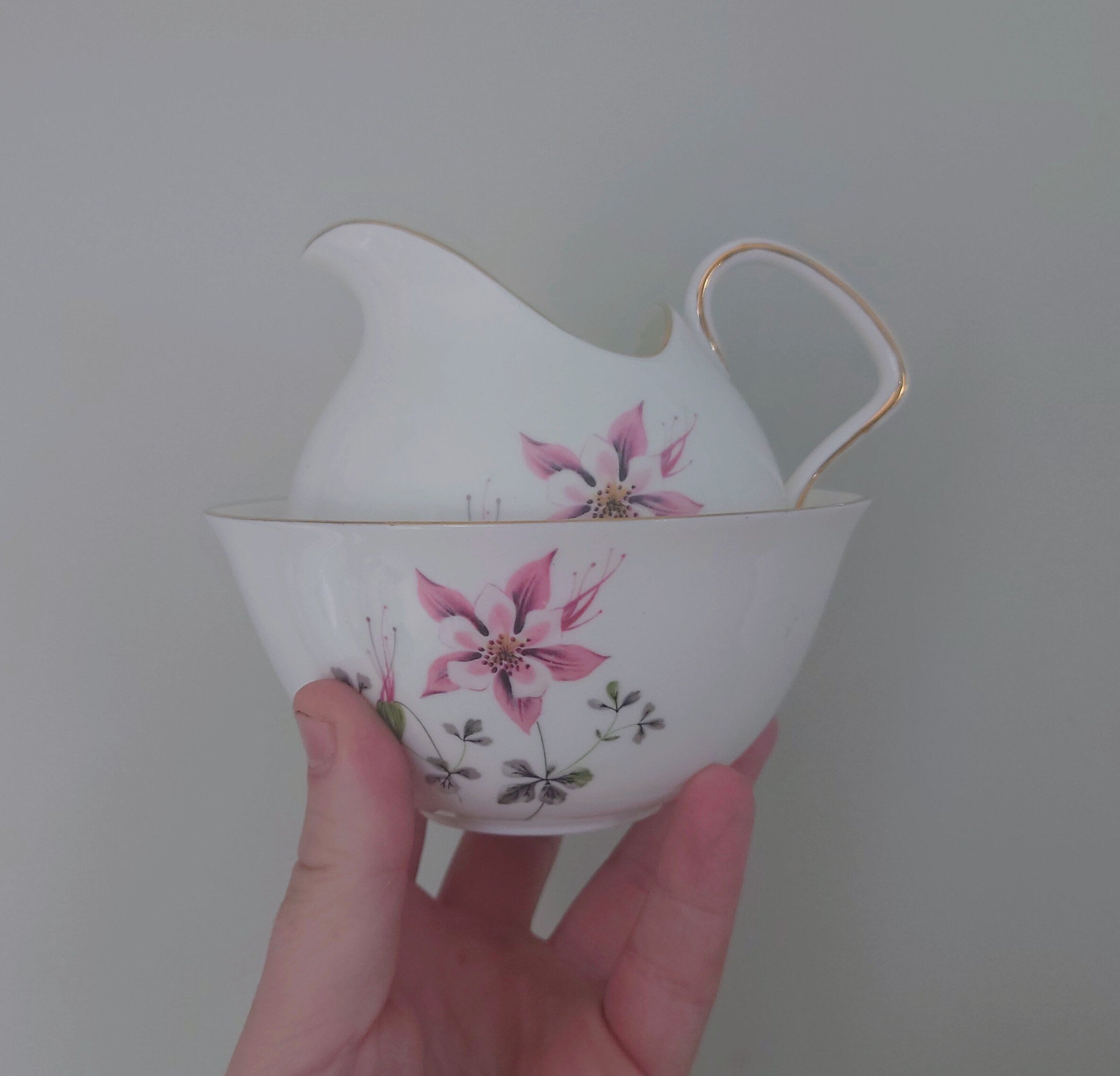 Vintage Milk Jug and Sugar Bowl foley bone china Columbine Fine Bone China Made in England Blue and White Porcelain Afternoon Tea Gold Gilt