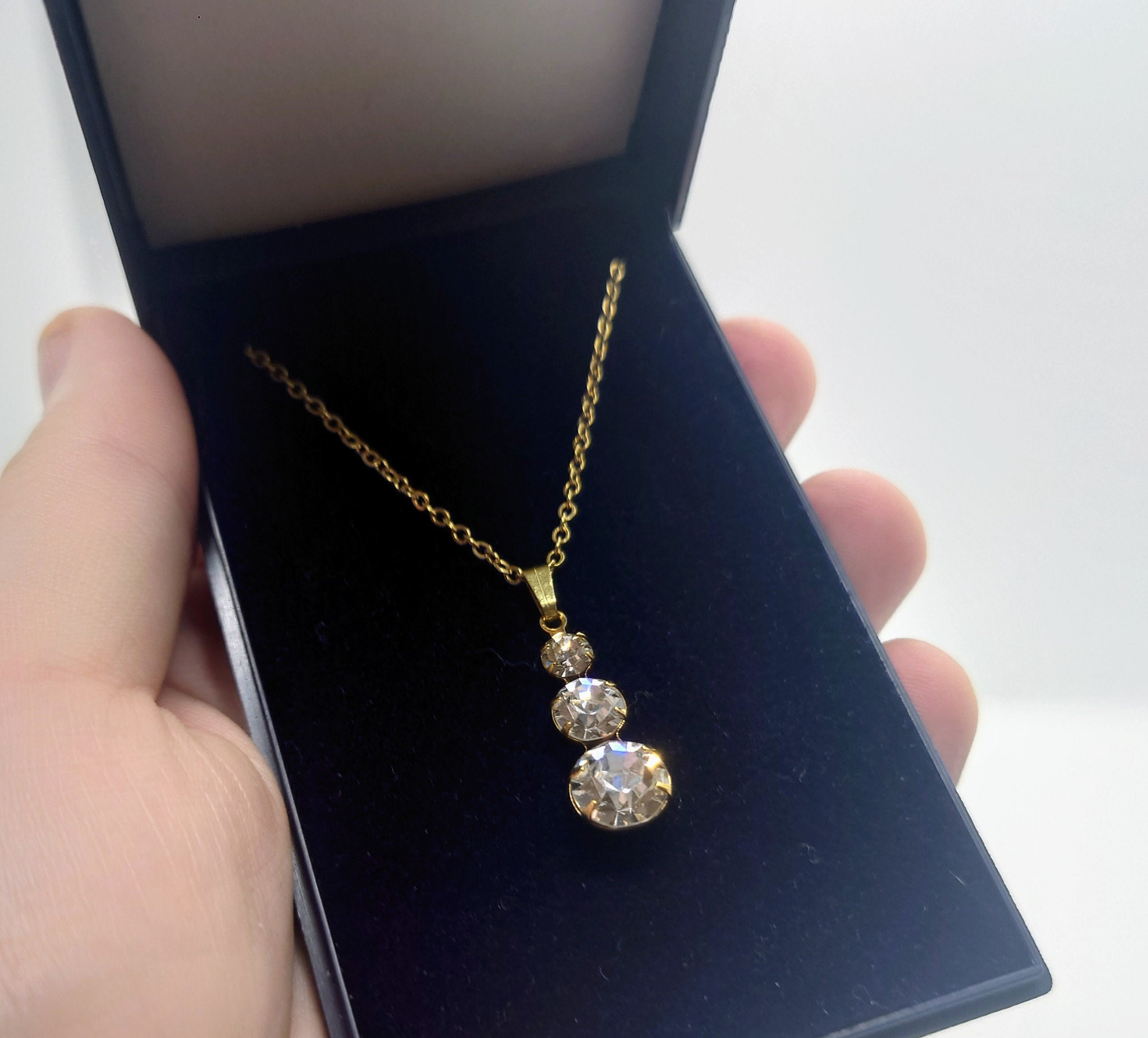 Vintage Silver Diamante Necklace Crystal Rhinestone C Clasp Tear Drop Faux Diamond Necklace Costume Jewellery Jewelry Boxed