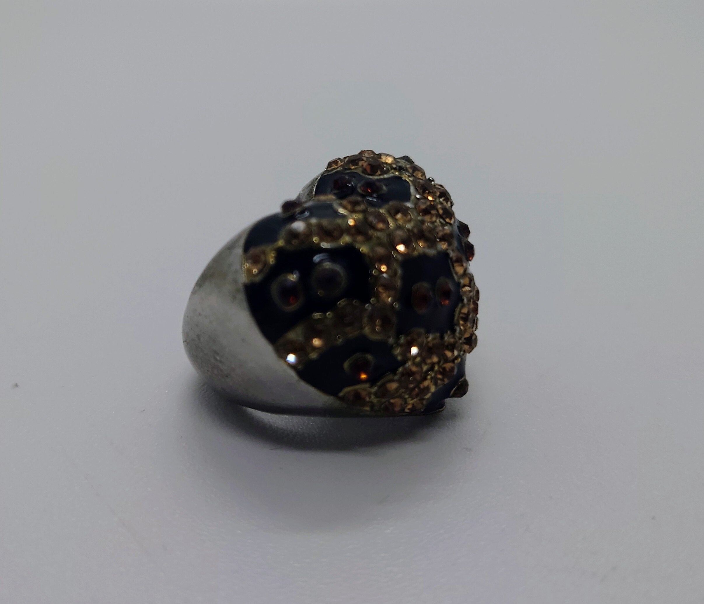 Vintage Heart Dress Ring Costume Jewellery Black Rhinestone Amber Chunky Statement Ring Silver Heart Ring UK size M/ US Size 6