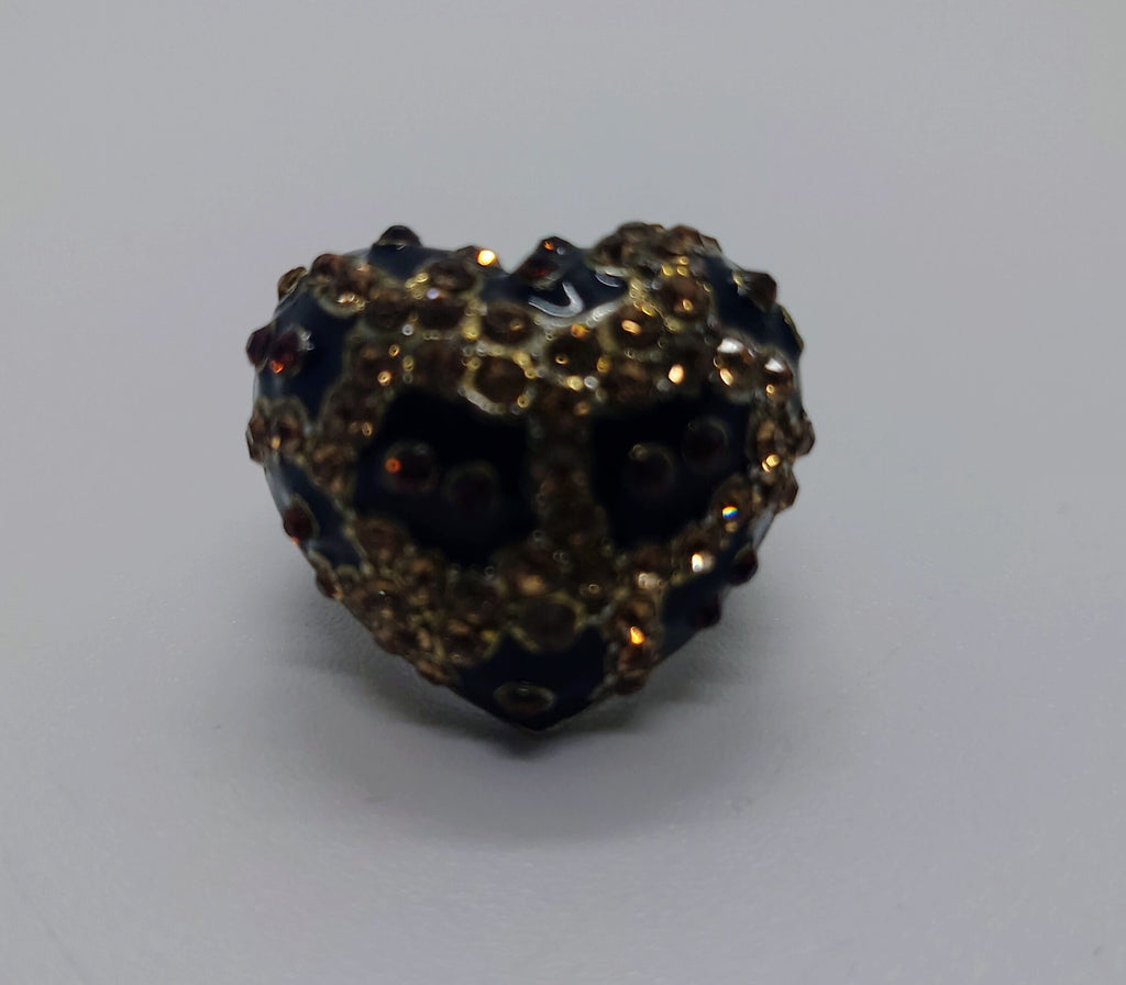 Vintage Heart Dress Ring Costume Jewellery Black Rhinestone Amber Chunky Statement Ring Silver Heart Ring UK size M/ US Size 6