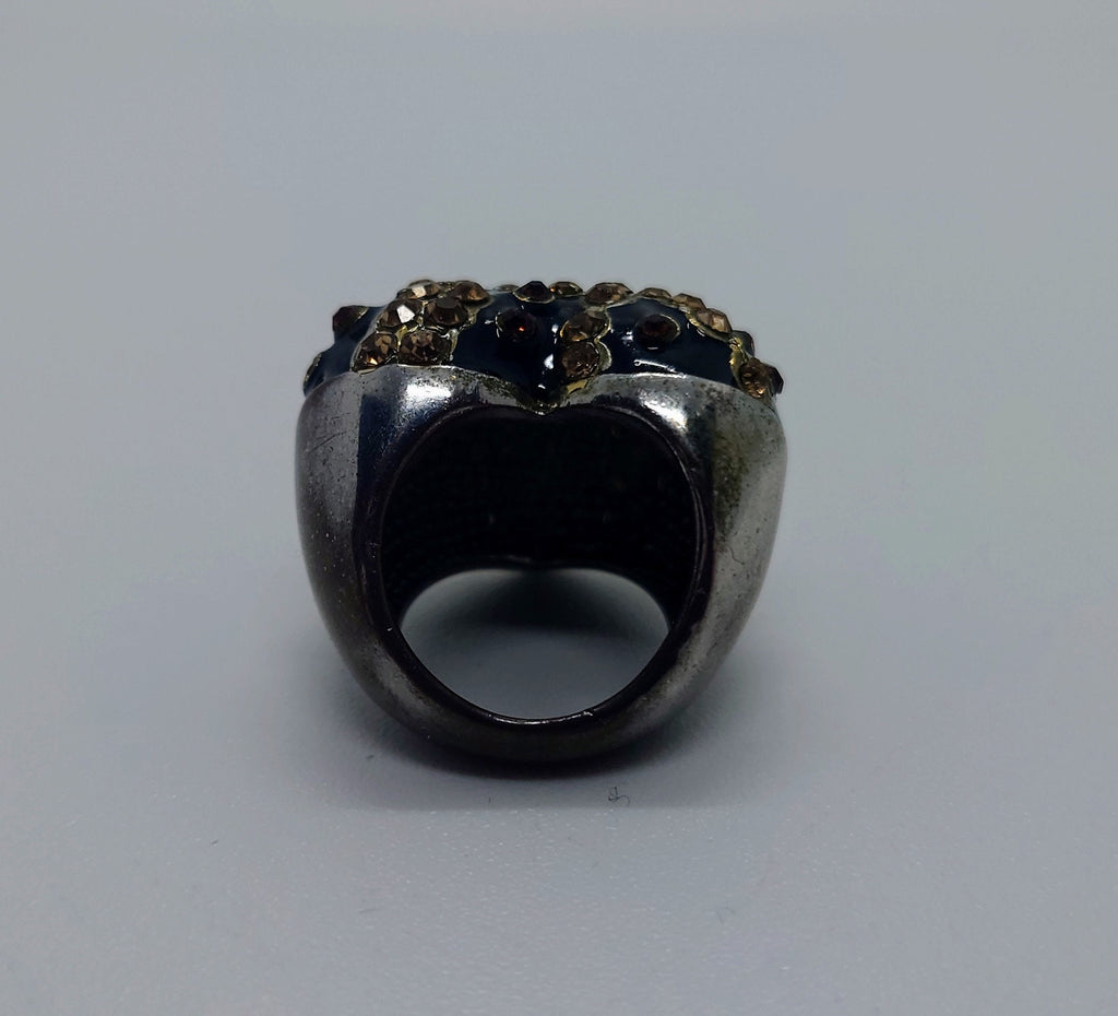 Vintage Heart Dress Ring Costume Jewellery Black Rhinestone Amber Chunky Statement Ring Silver Heart Ring UK size M/ US Size 6