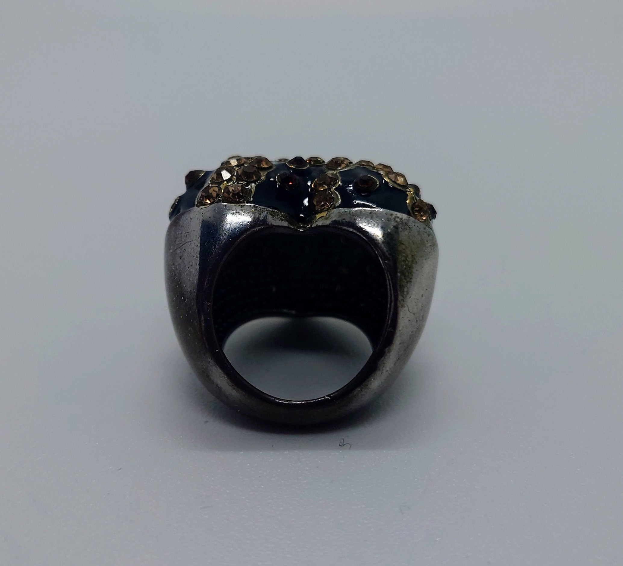 Vintage Heart Dress Ring Costume Jewellery Black Rhinestone Amber Chunky Statement Ring Silver Heart Ring UK size M/ US Size 6