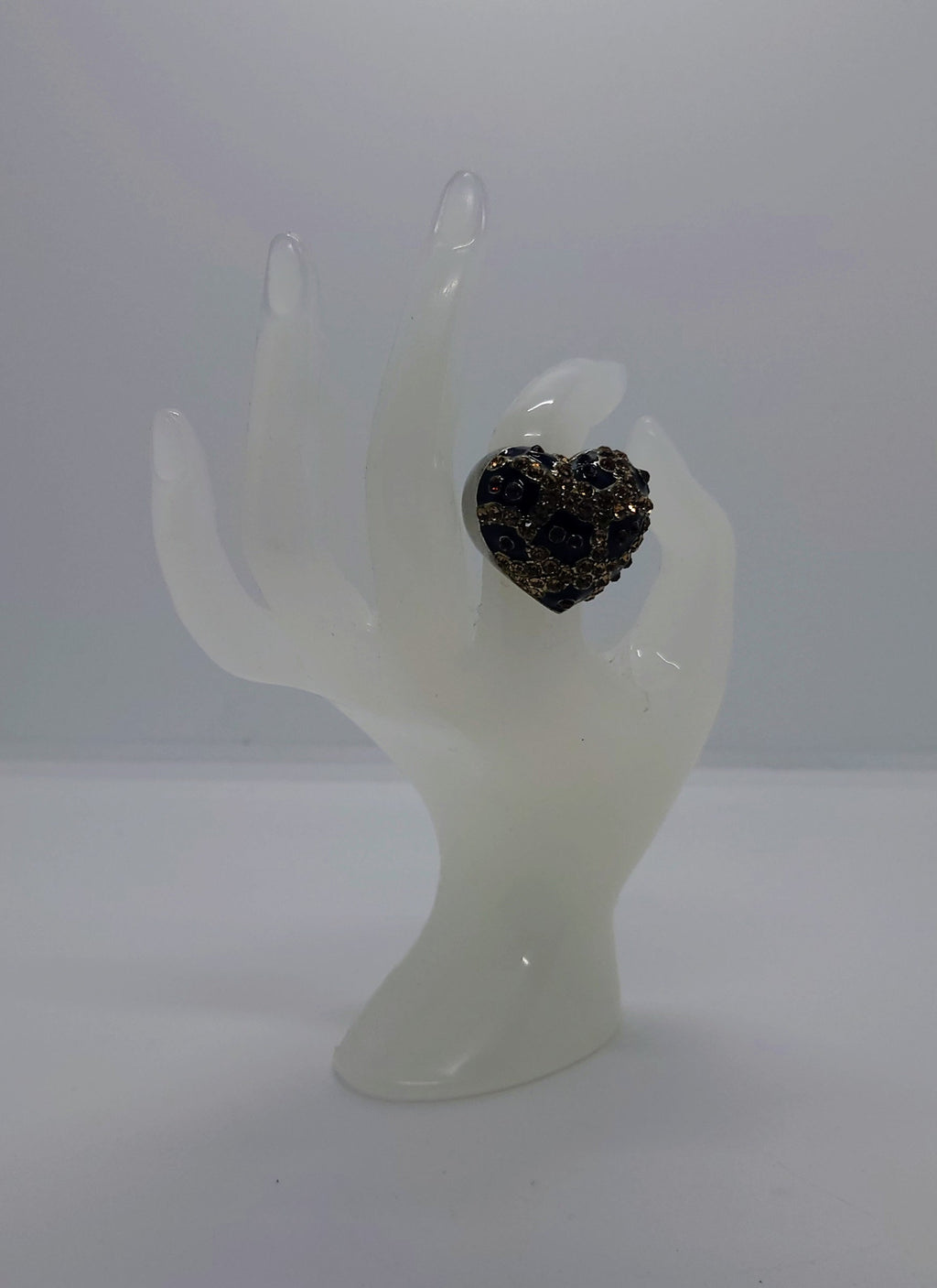 Vintage Heart Dress Ring Costume Jewellery Black Rhinestone Amber Chunky Statement Ring Silver Heart Ring UK size M/ US Size 6
