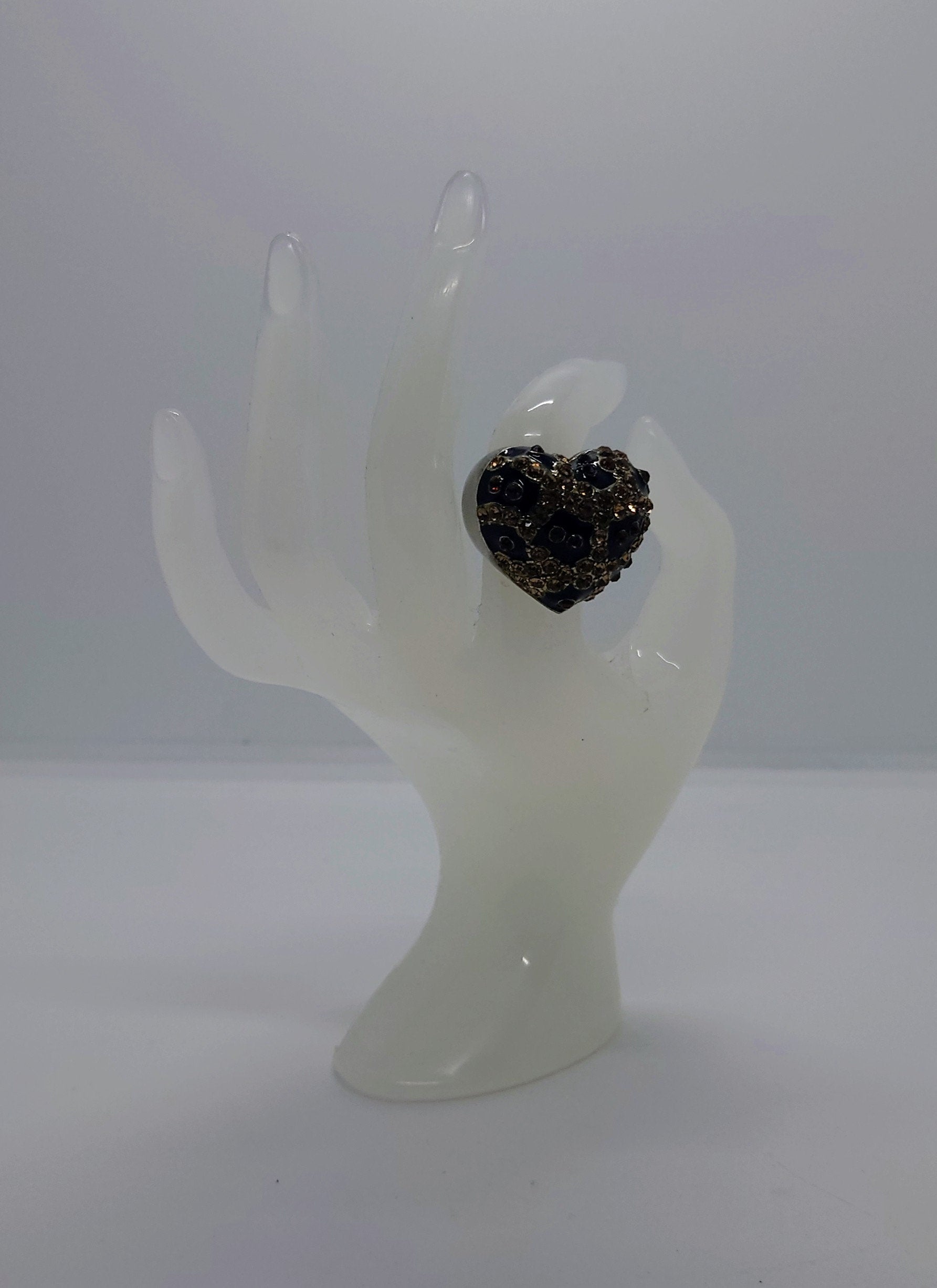 Vintage Heart Dress Ring Costume Jewellery Black Rhinestone Amber Chunky Statement Ring Silver Heart Ring UK size M/ US Size 6