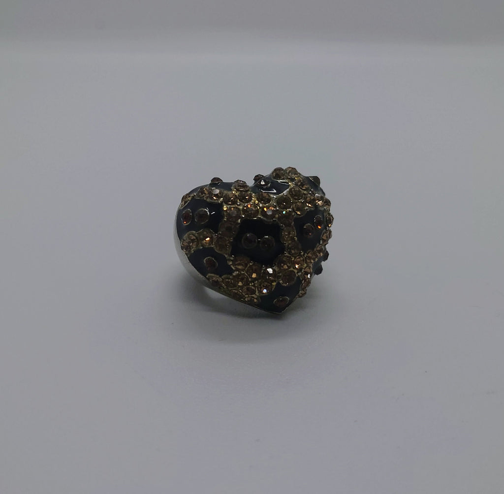 Vintage Heart Dress Ring Costume Jewellery Black Rhinestone Amber Chunky Statement Ring Silver Heart Ring UK size M/ US Size 6