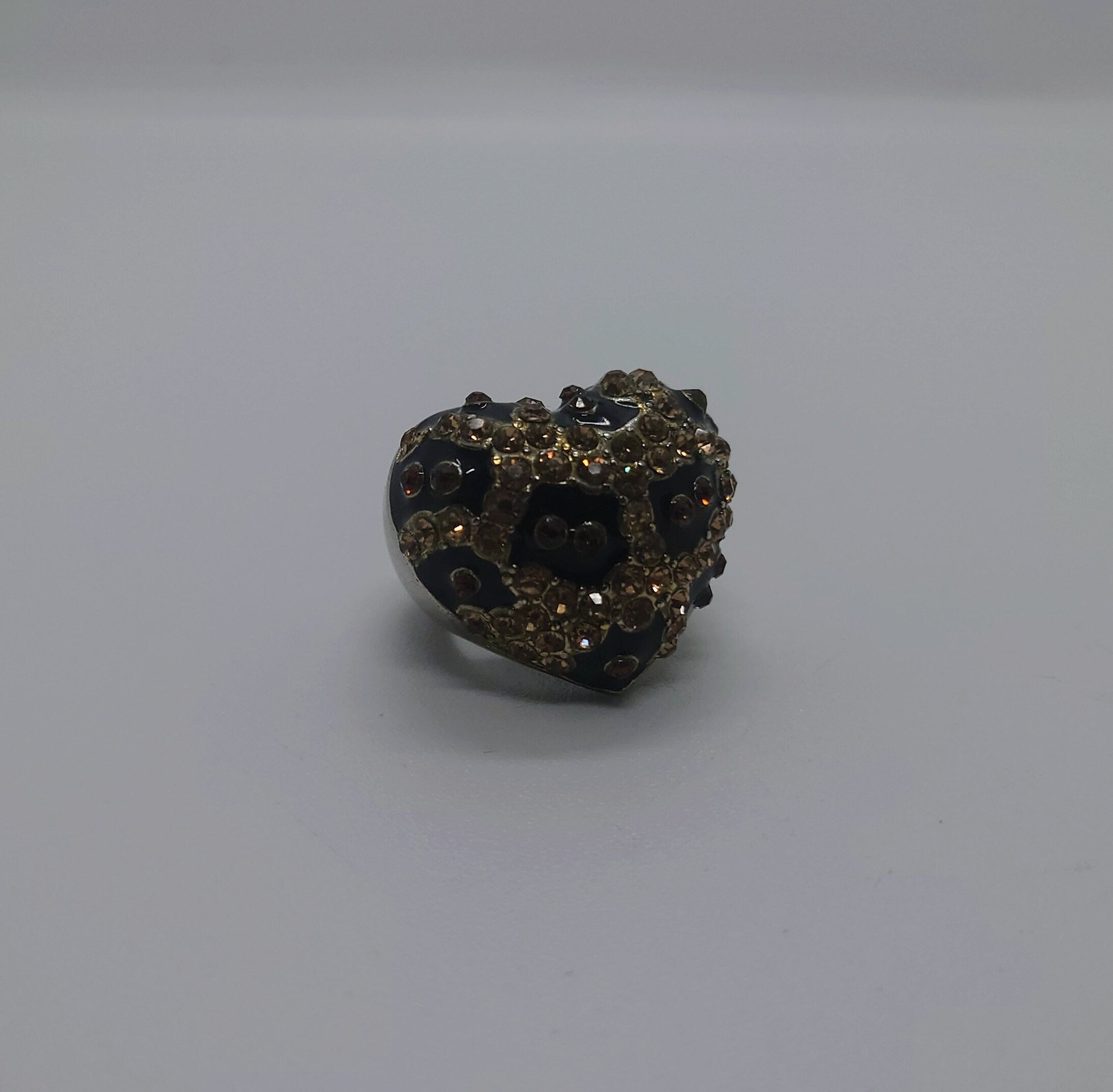 Vintage Heart Dress Ring Costume Jewellery Black Rhinestone Amber Chunky Statement Ring Silver Heart Ring UK size M/ US Size 6