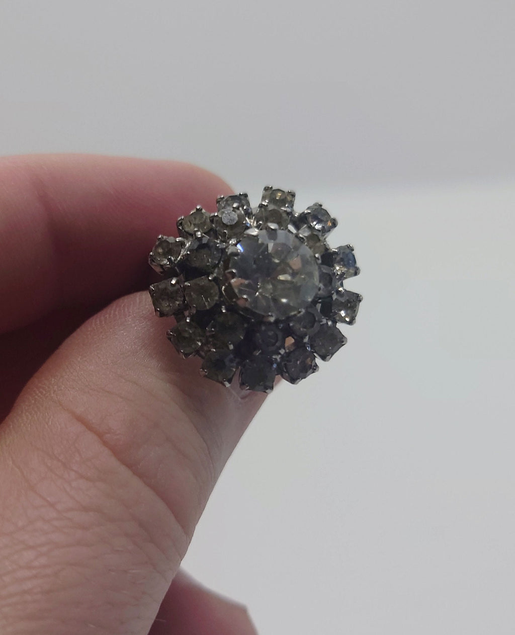Vintage Diamond Rhinestone  Dress Ring Costume Jewellery Cluster Stone Chunky Statement Ring Silver Crystal Ring UK Size N US 6.5