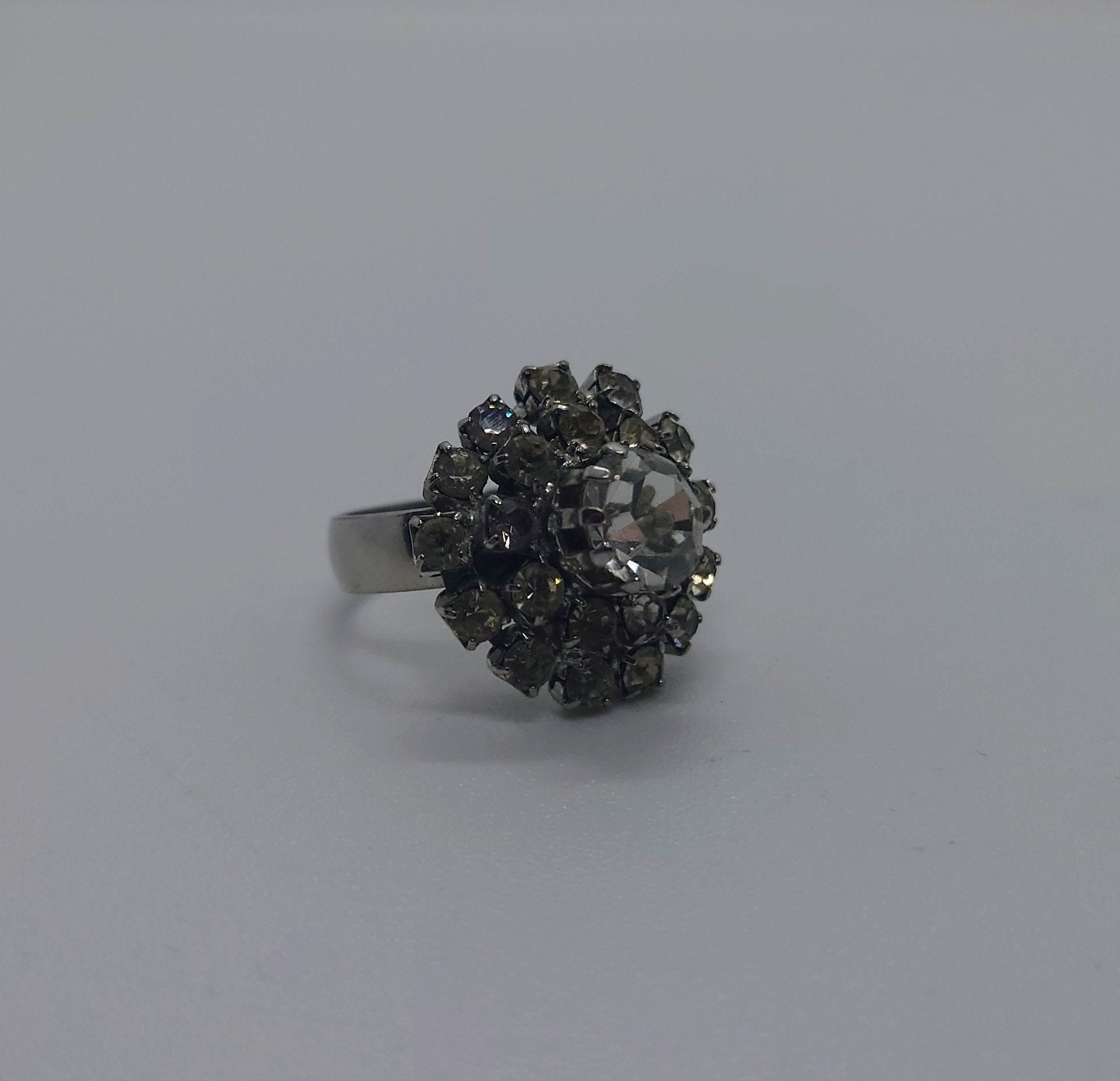 Vintage Diamond Rhinestone  Dress Ring Costume Jewellery Cluster Stone Chunky Statement Ring Silver Crystal Ring UK Size N US 6.5