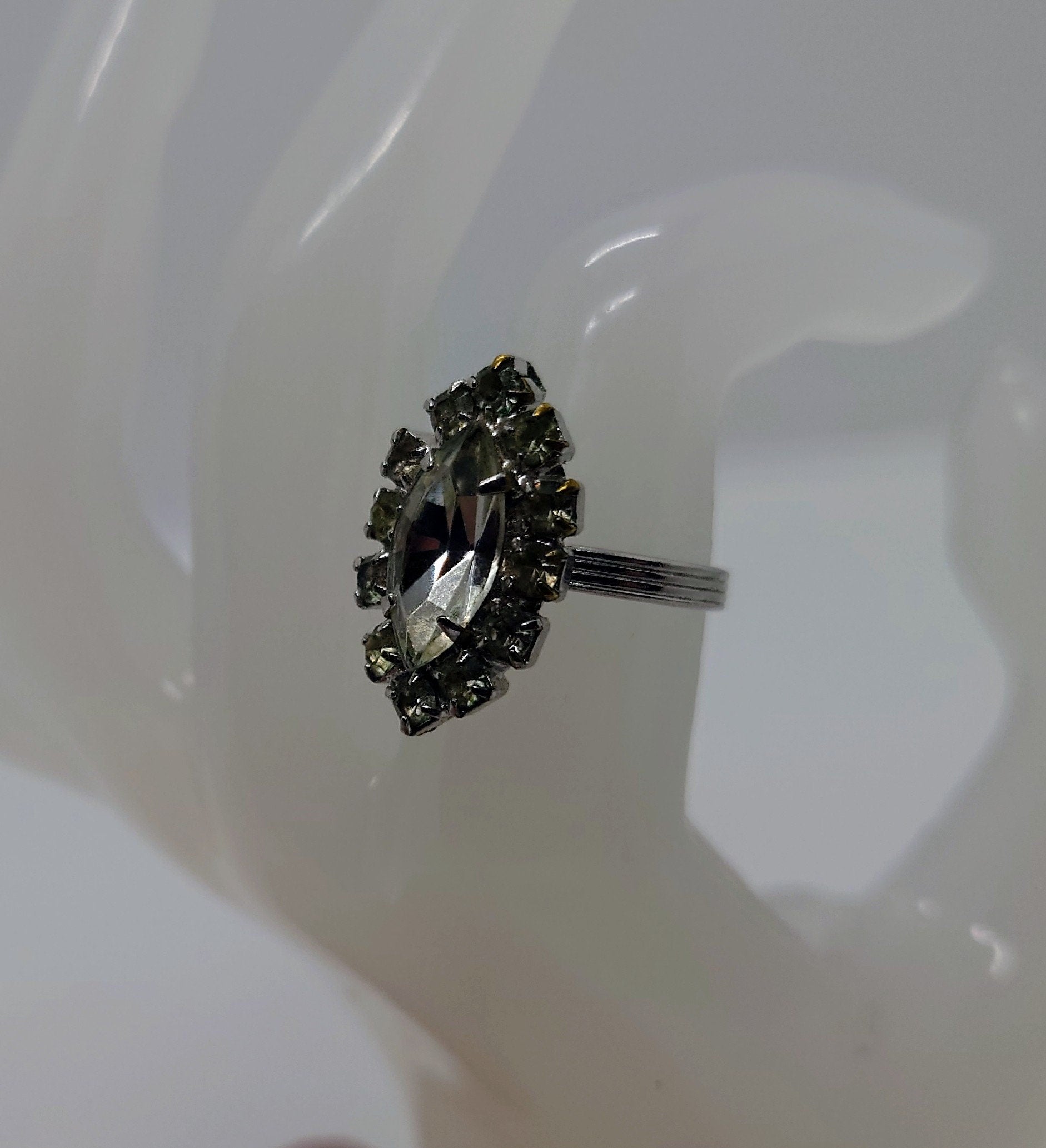 Vintage Diamond Rhinestone Dress Ring Costume Jewellery Wedding Ring Statement Ring Silver Crystal Ring UK Size N US 7