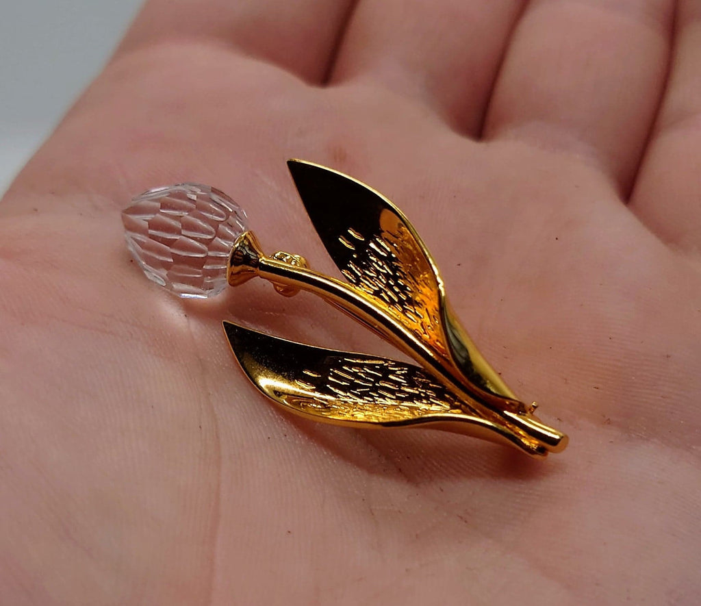 Vintage Brooch Simple Gold Tone Faux  Flower Tear Brooch Pin Costume Jewellery Jewelry Diamond Rhinestone Diamanté Brooch Pin
