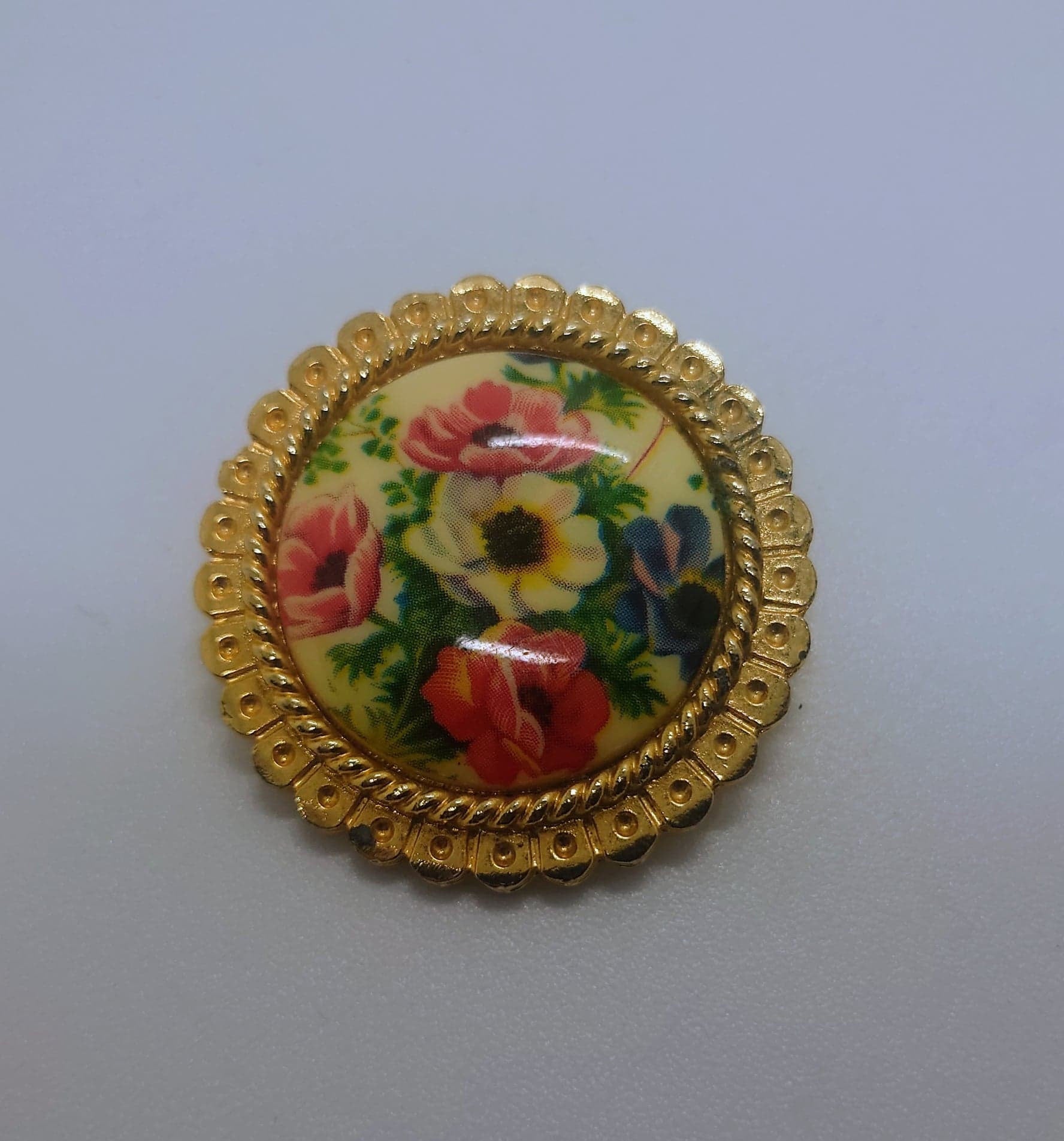Vintage Floral Pendant Brooch Pin West Germany Ceramic Costume Jewellery Jewelry 1940's Brooch Goldtone
