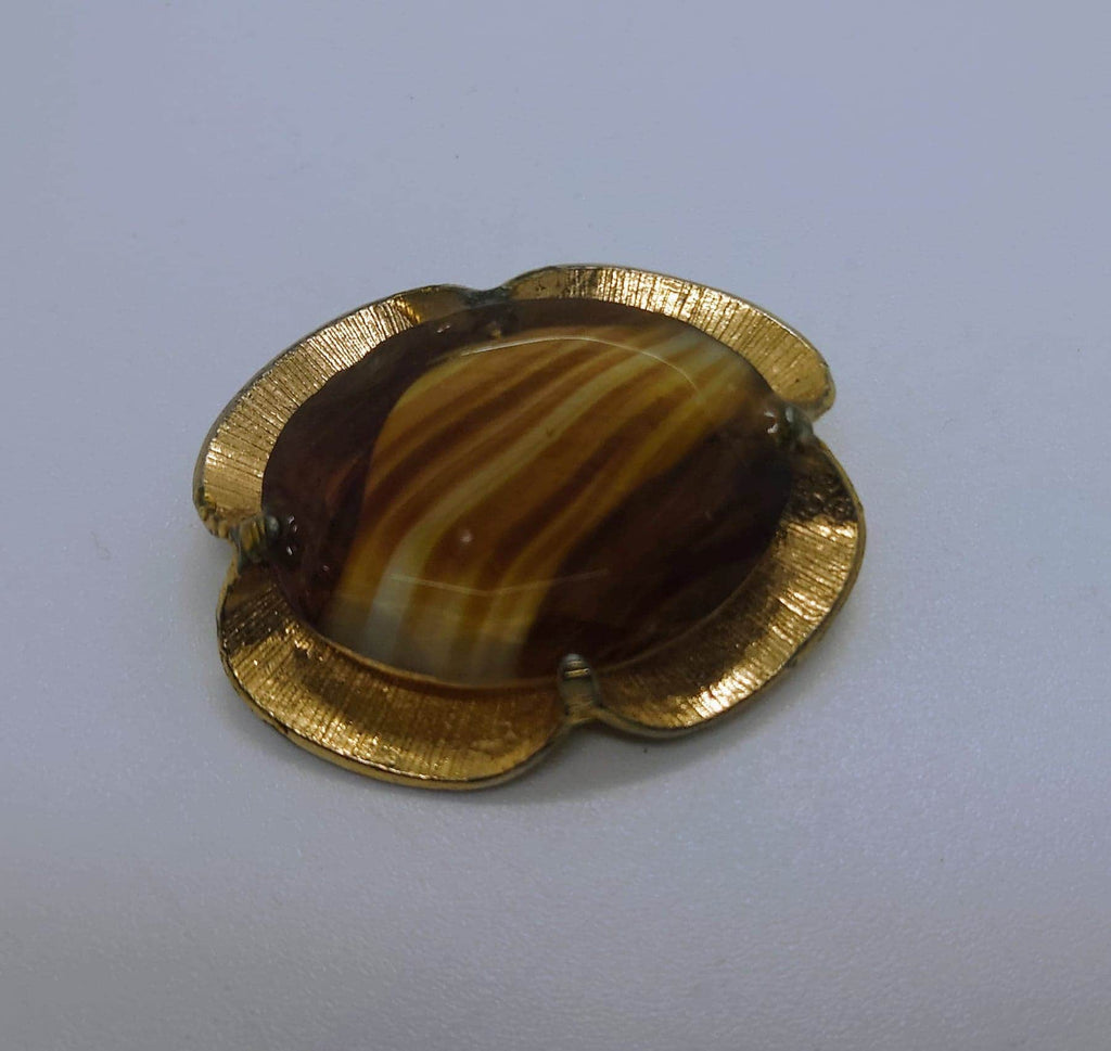 Vintage Faux Agate Brooch Stone Cabochon Brooch, Polished Stone Brooch Gold Tone Metal Costume Jewellery Pin