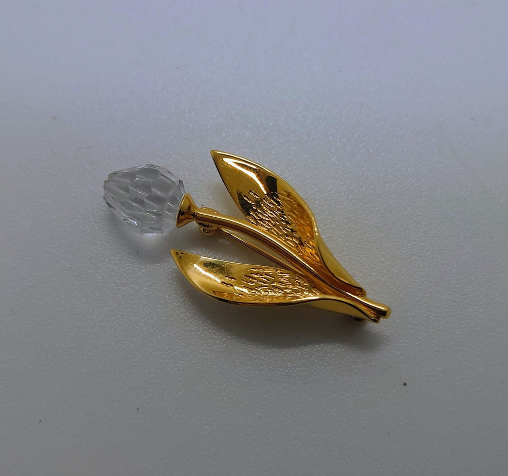 Vintage Brooch Simple Gold Tone Faux  Flower Tear Brooch Pin Costume Jewellery Jewelry Diamond Rhinestone Diamanté Brooch Pin