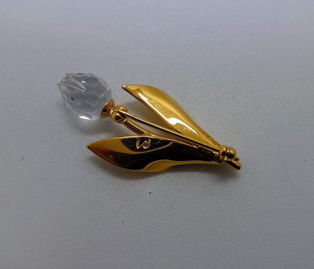 Vintage Brooch Simple Gold Tone Faux  Flower Tear Brooch Pin Costume Jewellery Jewelry Diamond Rhinestone Diamanté Brooch Pin