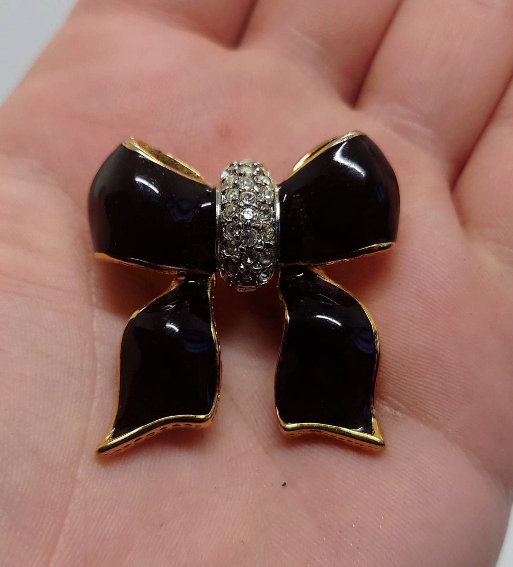 Ribbon Pin Vintage Pin Gold and Black Bow Brooch Pin Rhinestone Diamond Costume Jewellery Jewelry  Ribbon Bow